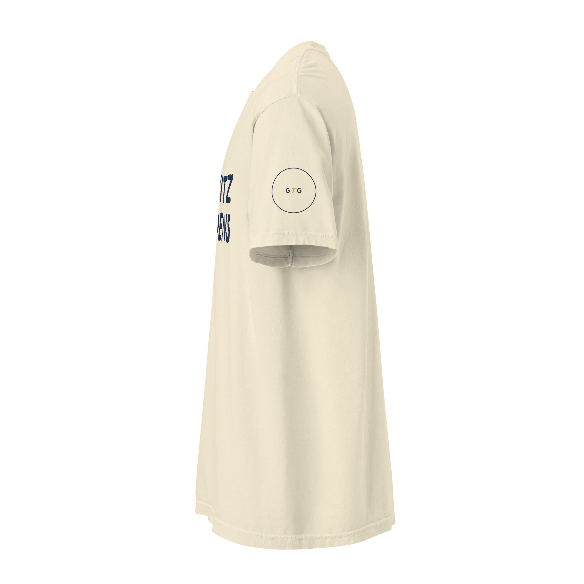 GTG Schvitz Happens tee in Ivory with navy print, detail view 2