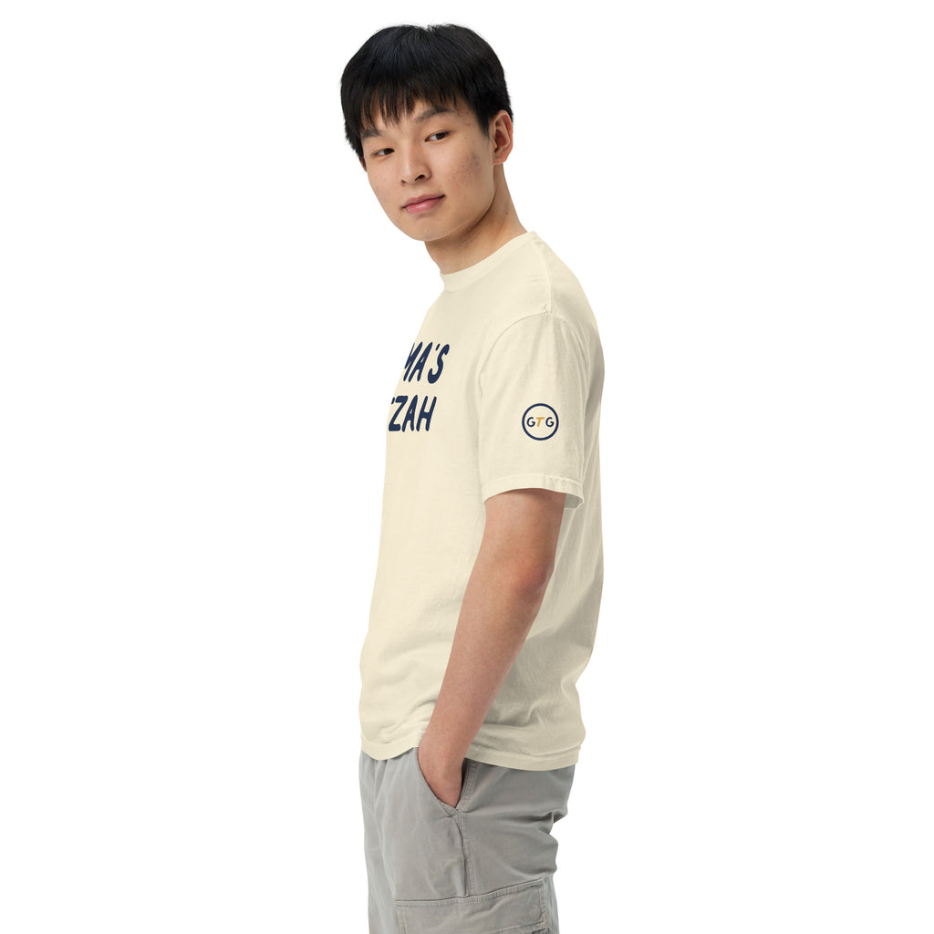 Model wearing the Good Thank God Mama's Matzah T-shirt in Ivory, left side view showing the GTG sleeve badge