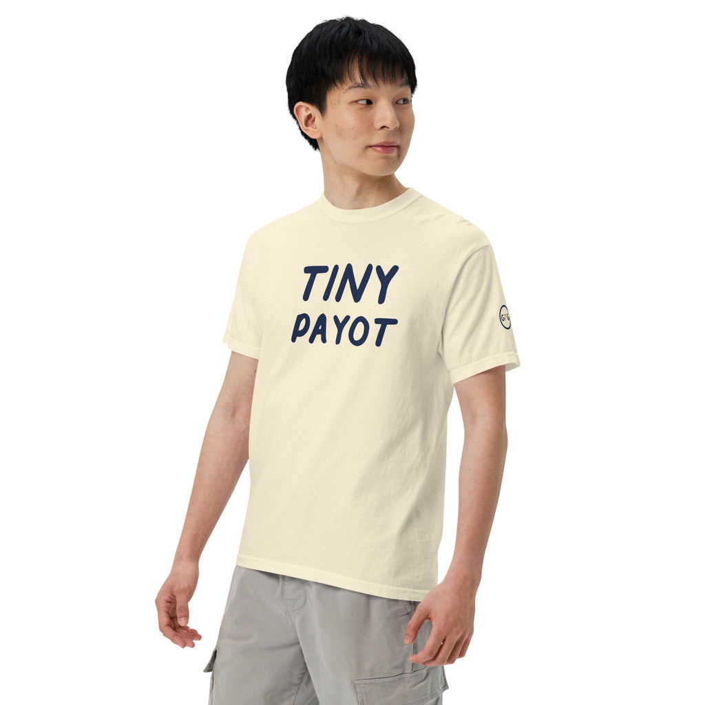 Model wearing the Good Thank God Tiny Payot T-shirt in Ivory, left front view showing the GTG sleeve badge