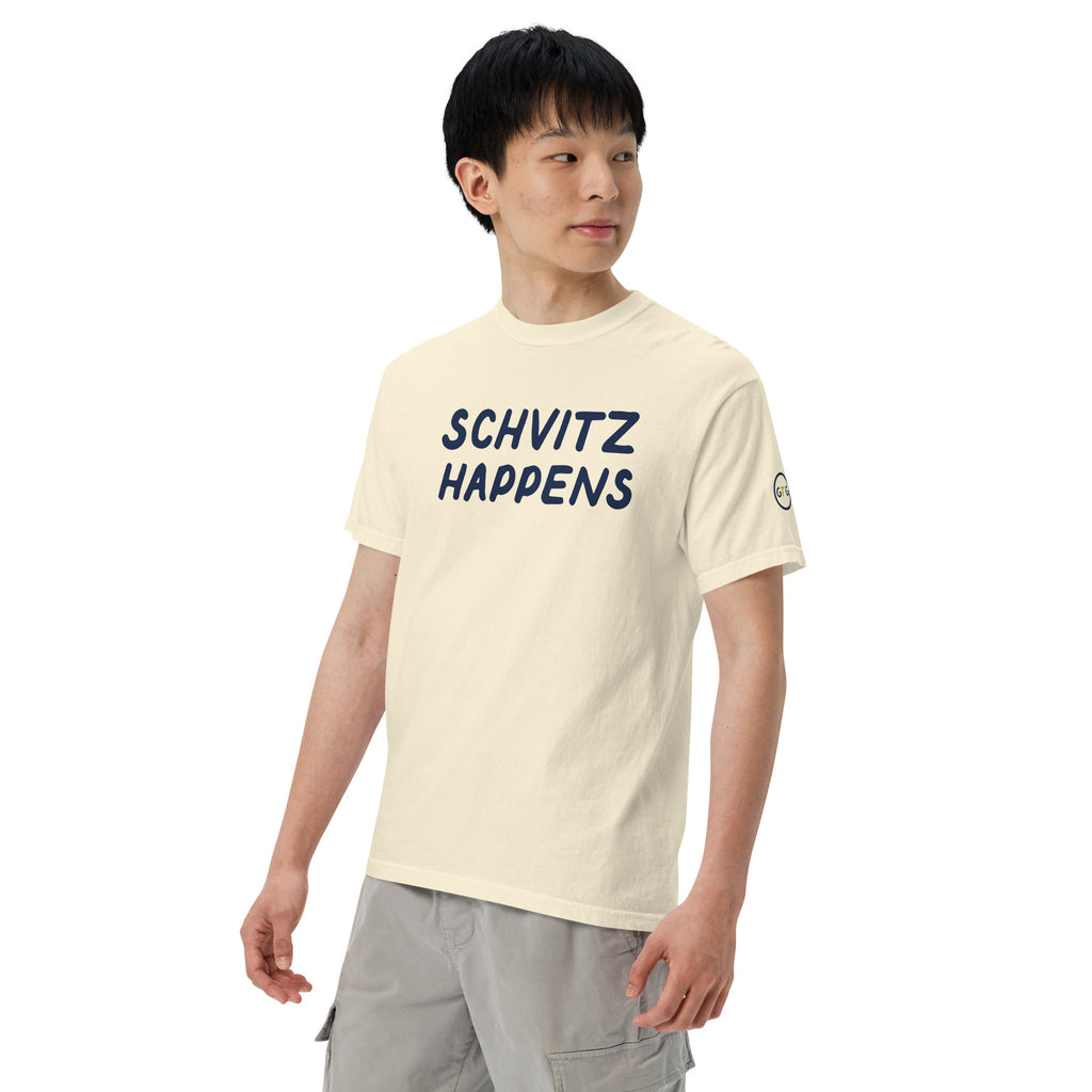 Model wearing the Good Thank God Schvitz Happens T-shirt in Ivory, left front view showing the GTG sleeve badge