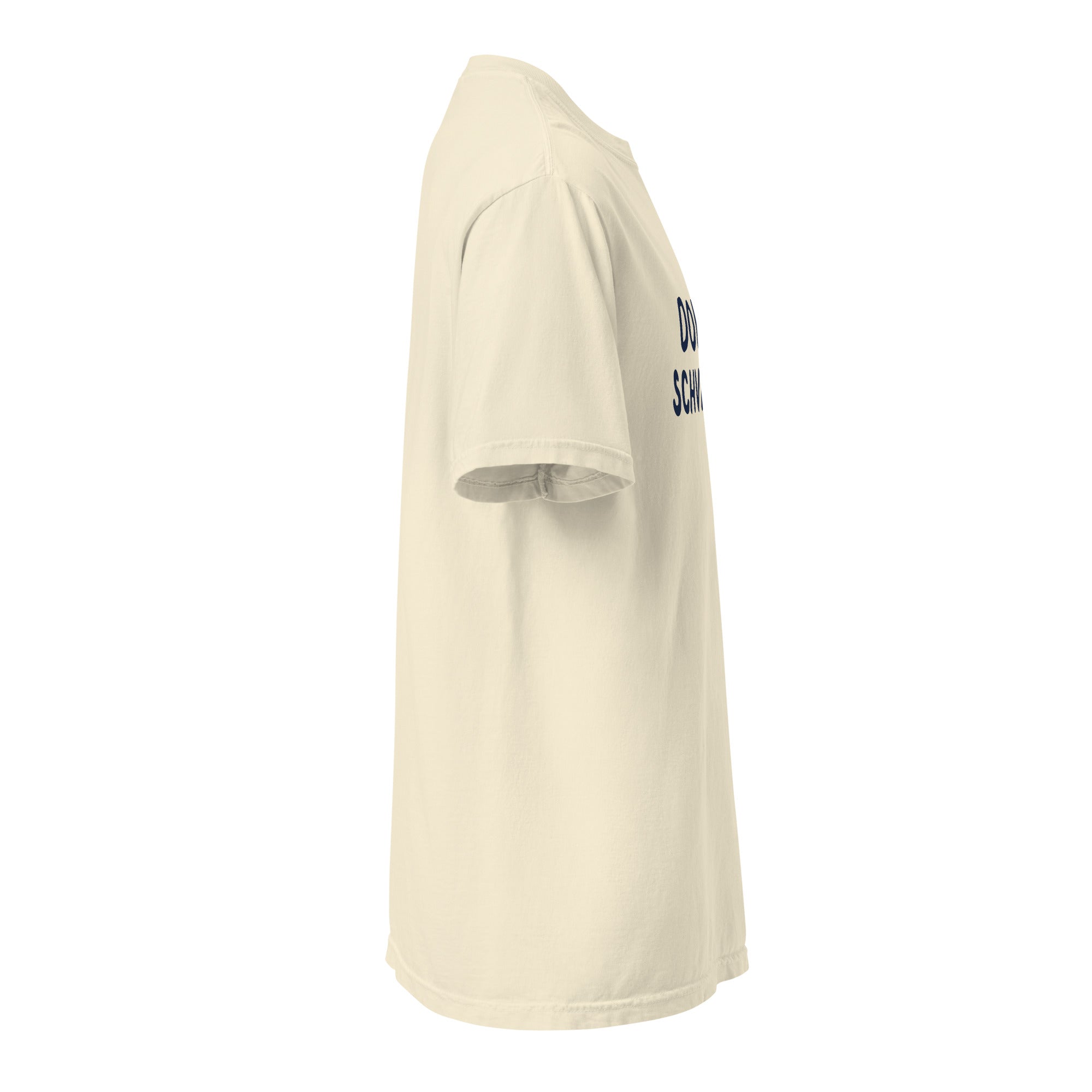 GTG Don't Schvitz It tee in Ivory with navy print, back view