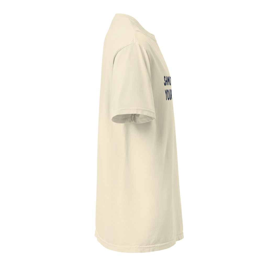 GTG Shmutz on Your Face tee in Ivory with navy print, back view