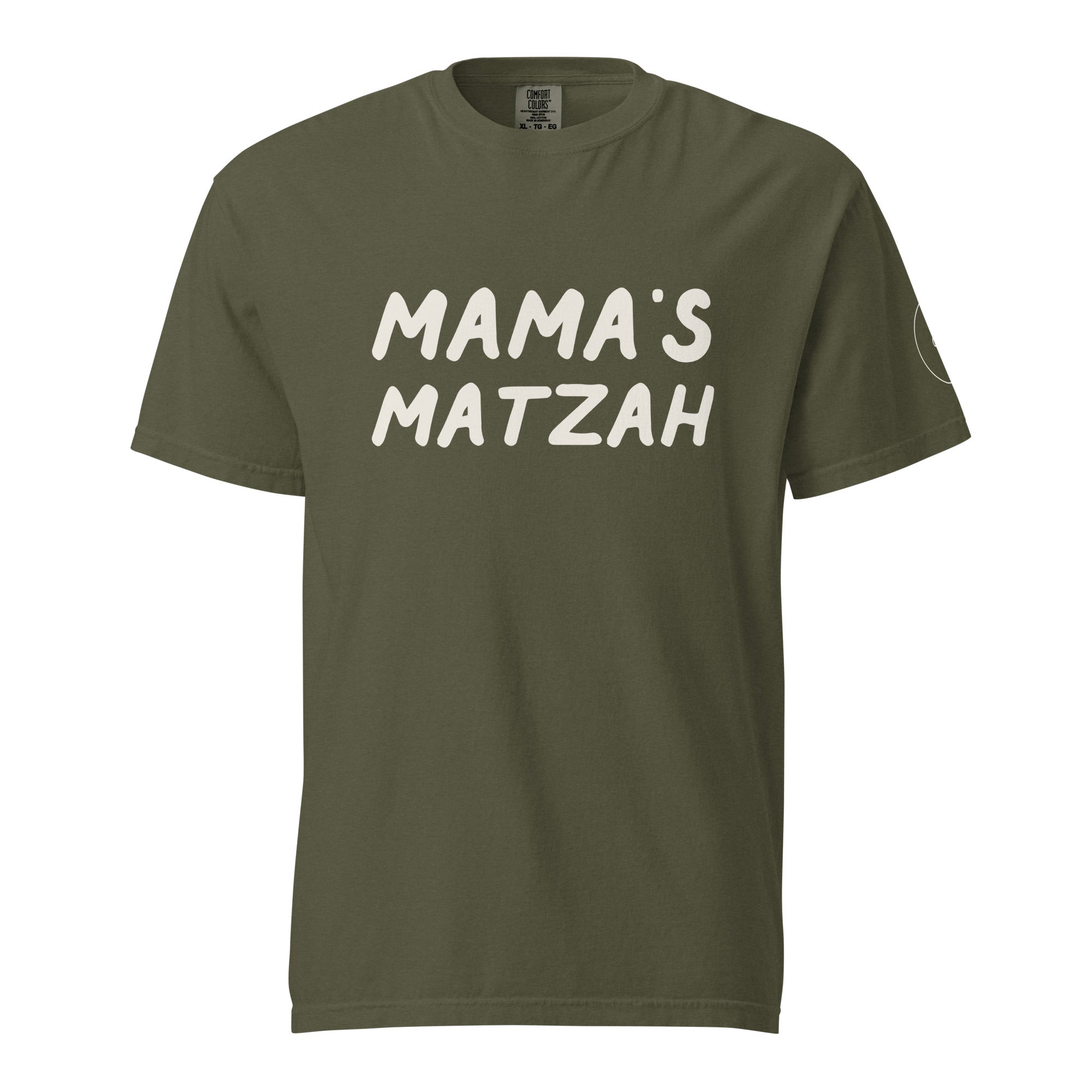 GTG Mama's Matzah tee in Sage with cream print, front view