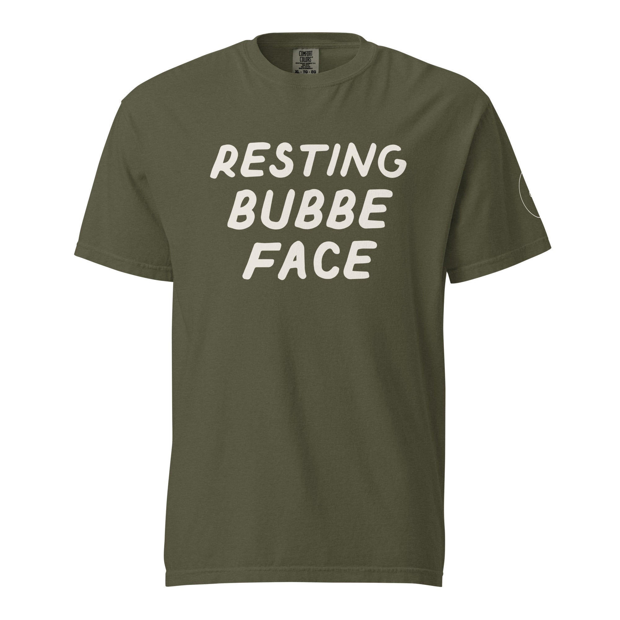 GTG Resting Bubbe Face tee in Sage with cream print, front view