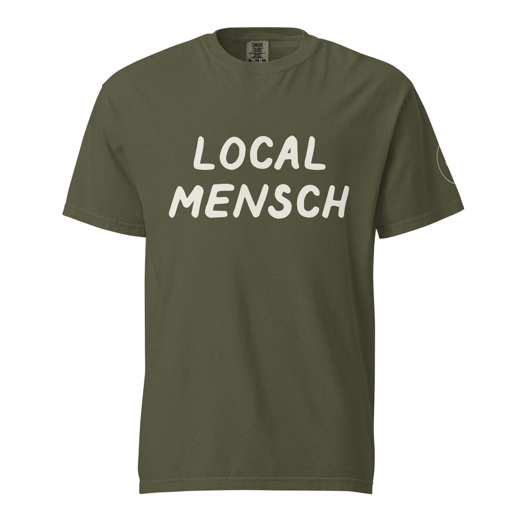 GTG Local Mensch tee in True Navy with mustard print, detail view 2