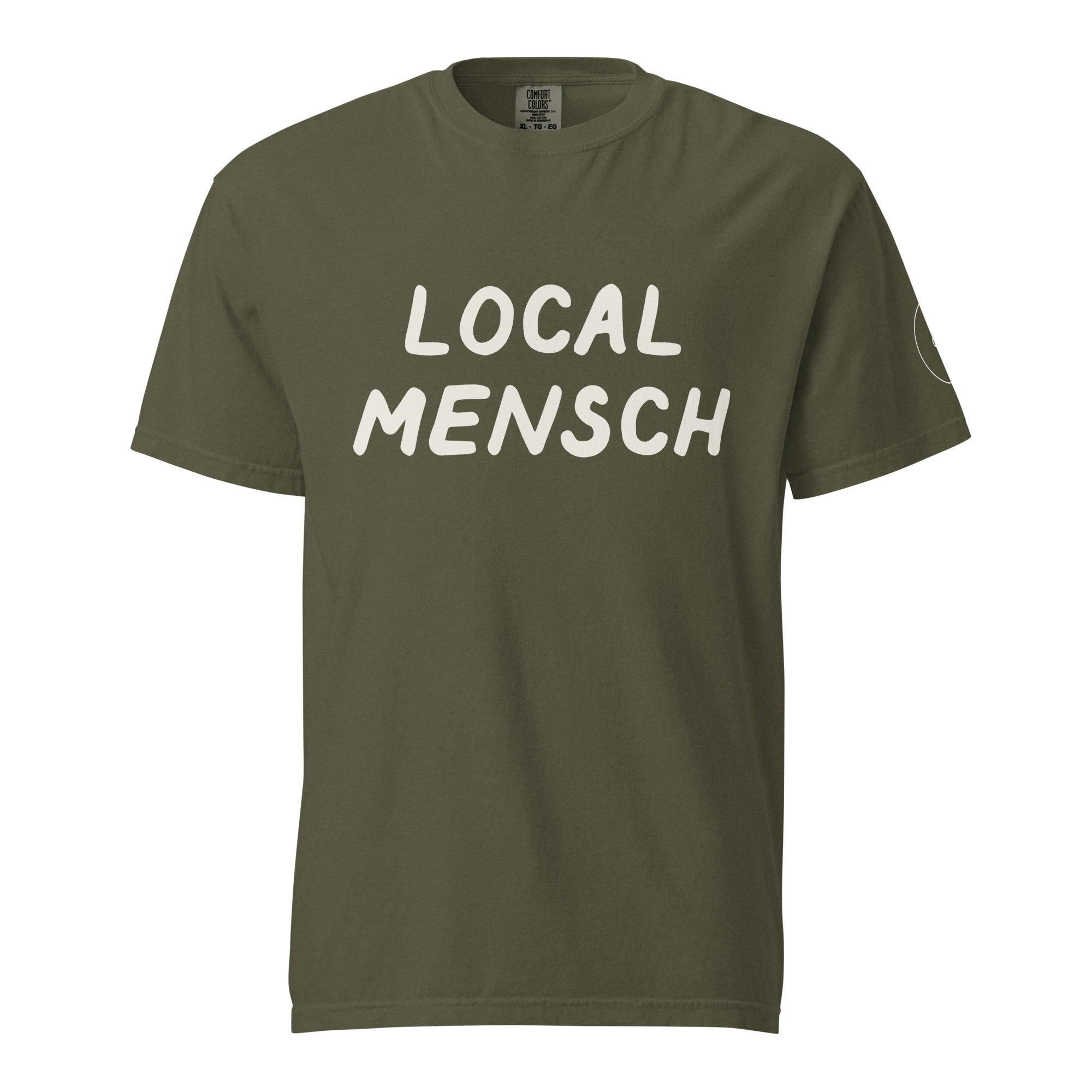 GTG Local Mensch tee in True Navy with mustard print, detail view 2