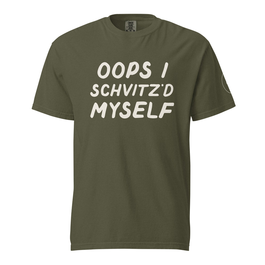 GTG Oops I Schvitz'd Myself tee in Sage with cream print, detail view 2
