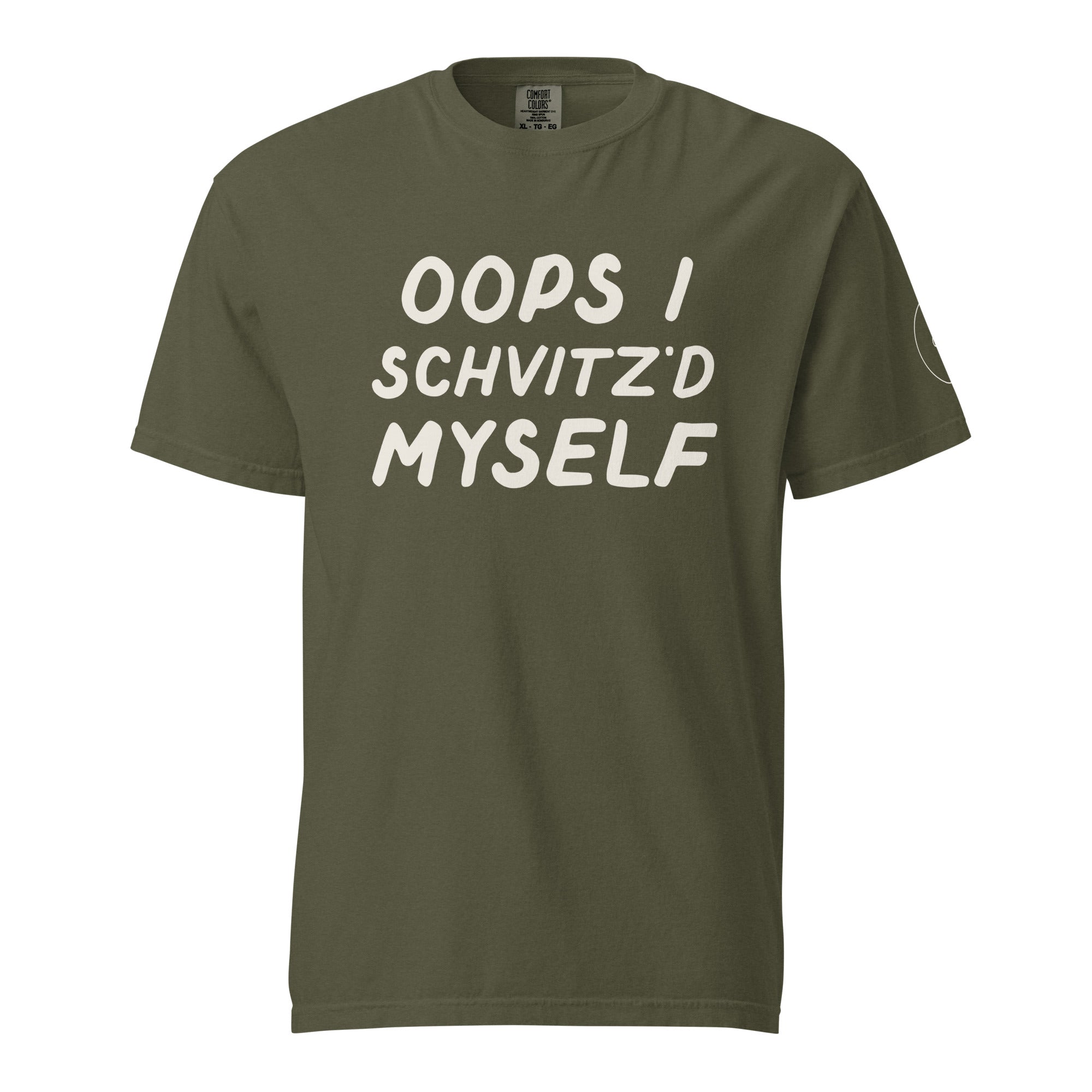 GTG Oops I Schvitz'd Myself tee in Sage with cream print, detail view 2