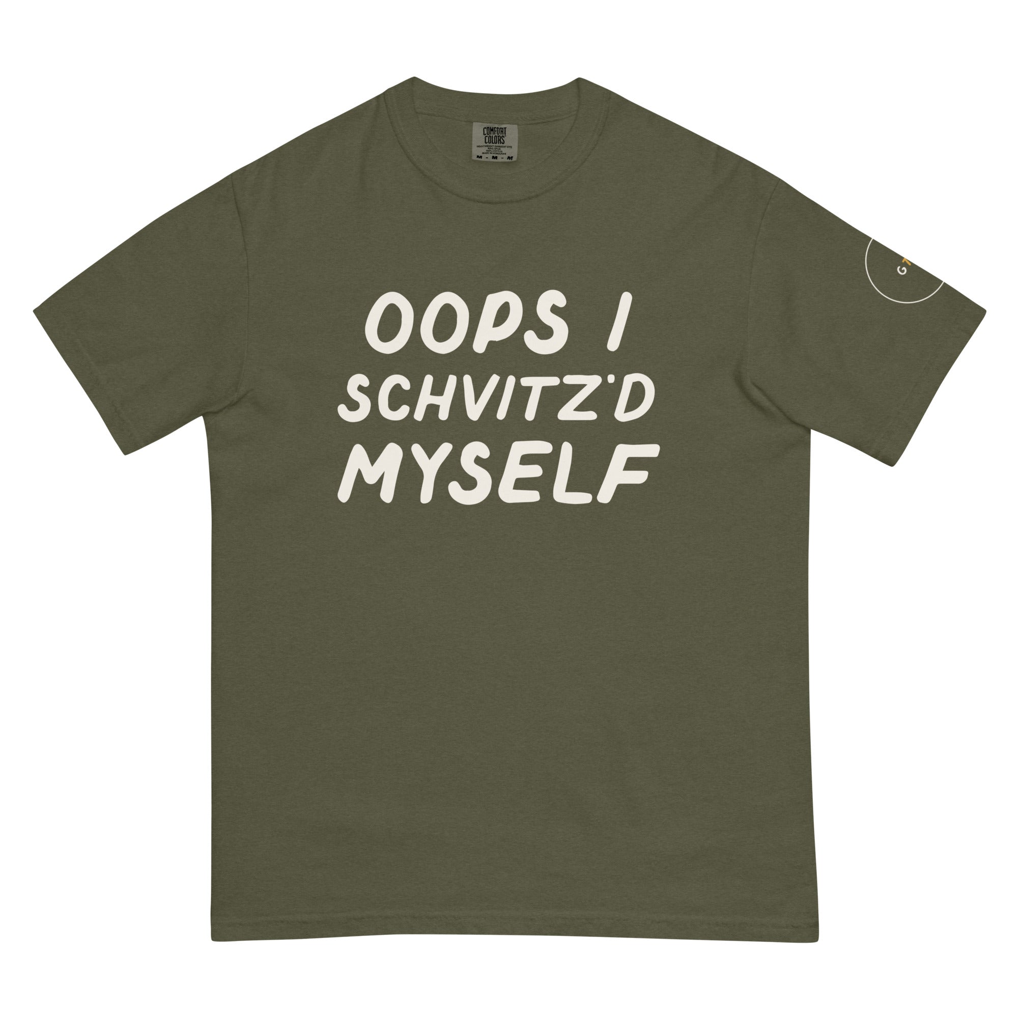 GTG Oops I Schvitz'd Myself tee in Sage with cream print, front view