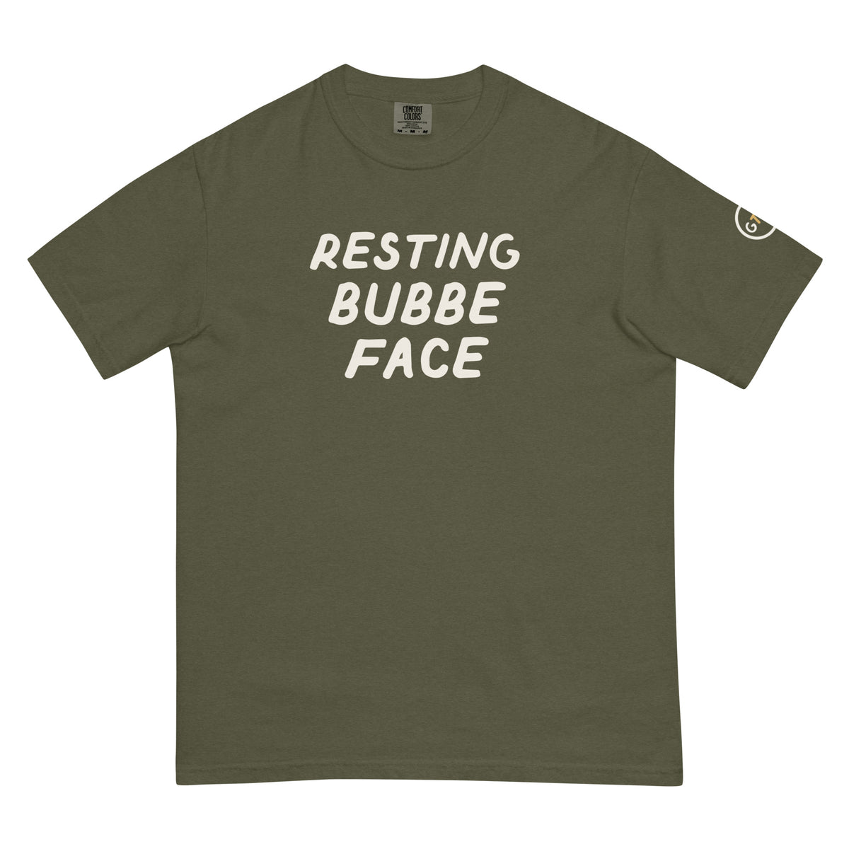 Good Thank God Resting Bubbe Face T-shirt in Sage, front view