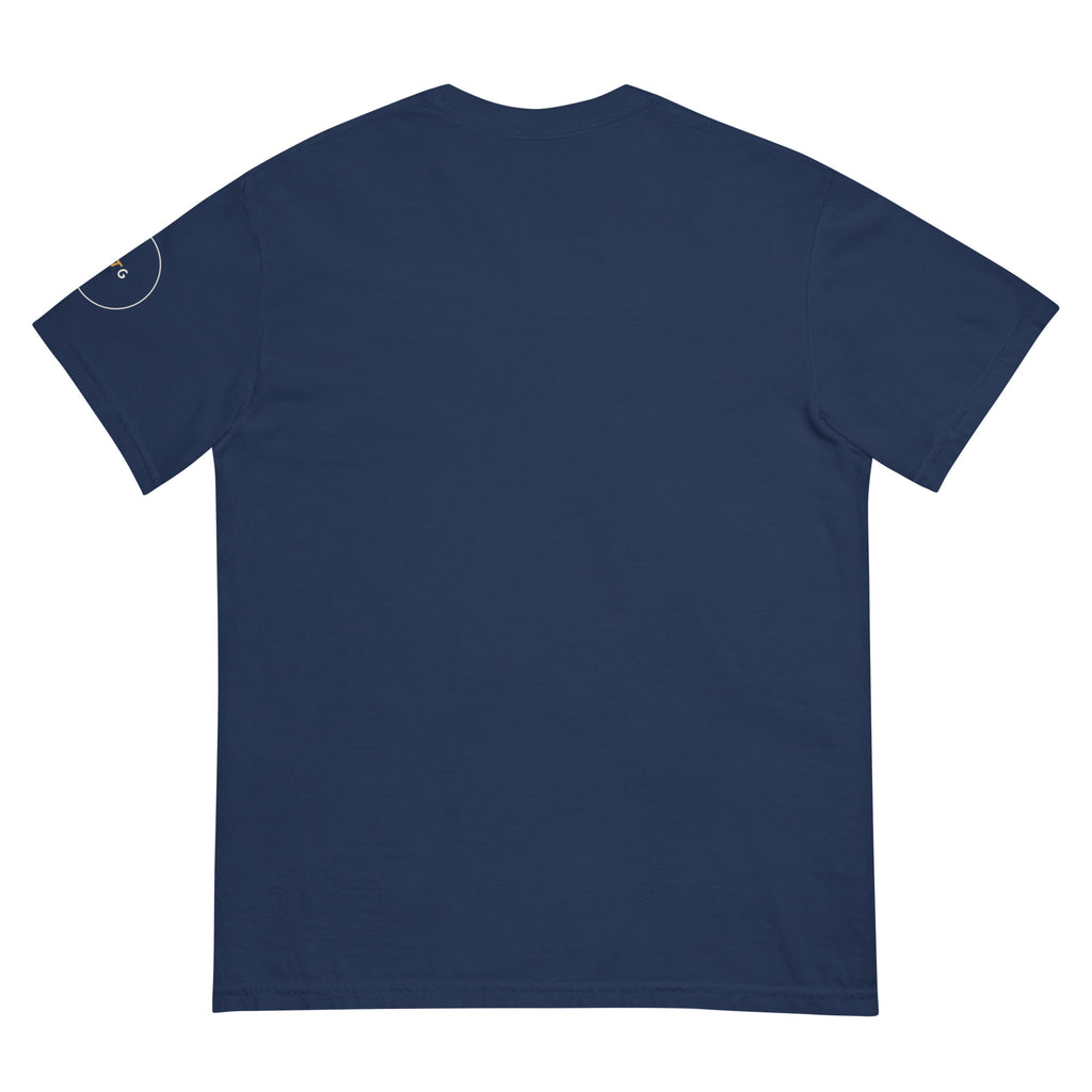 GTG Oops I Schvitz'd Myself tee in True Navy with mustard print, back view