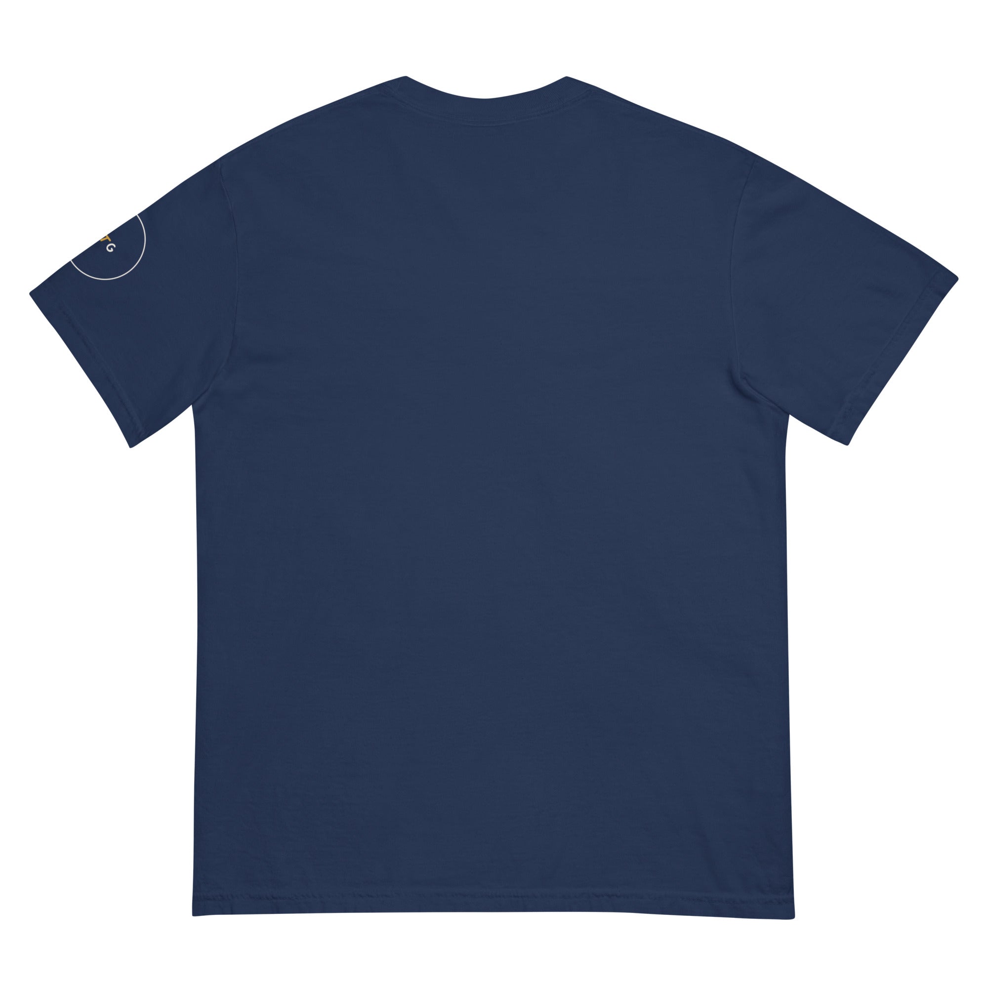 GTG Oops I Schvitz'd Myself tee in True Navy with mustard print, back view