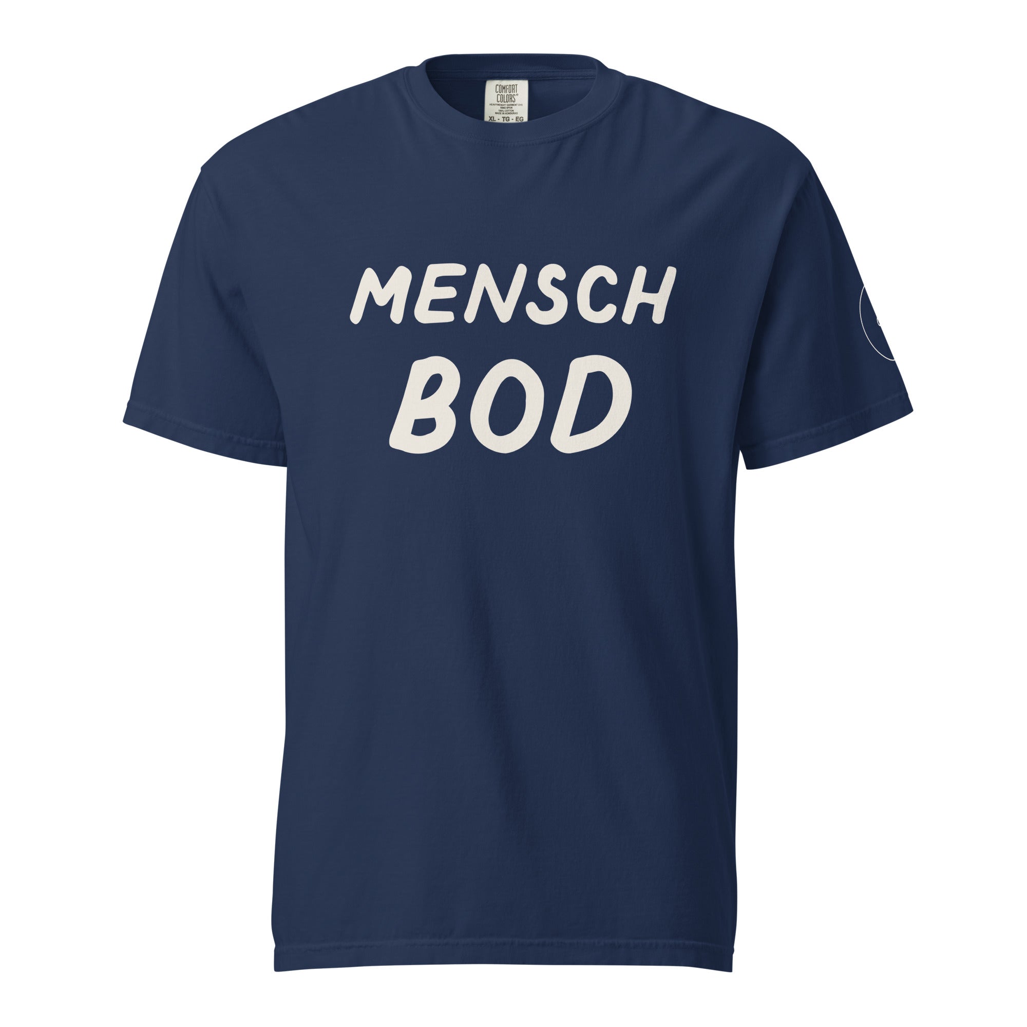 GTG Mensch Bod tee in True Navy with mustard print, front view