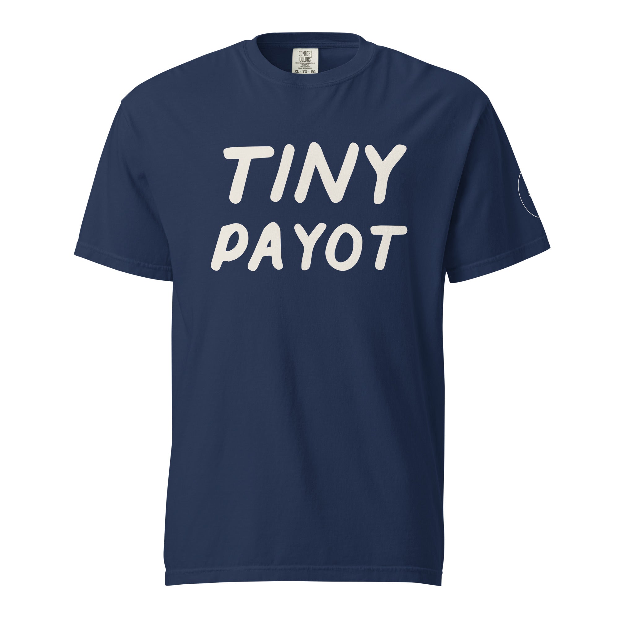GTG Tiny Payot tee in True Navy with mustard print, front view