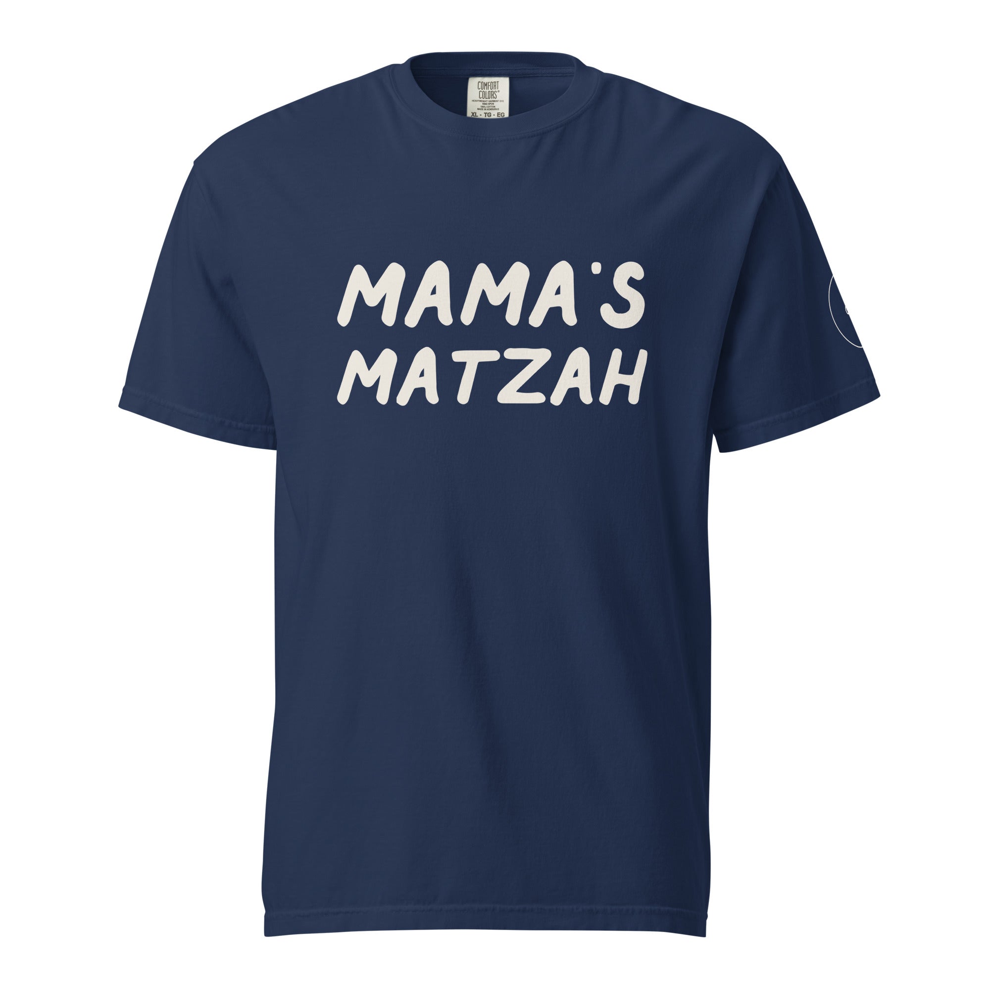 GTG Mama's Matzah tee in True Navy with mustard print, front view