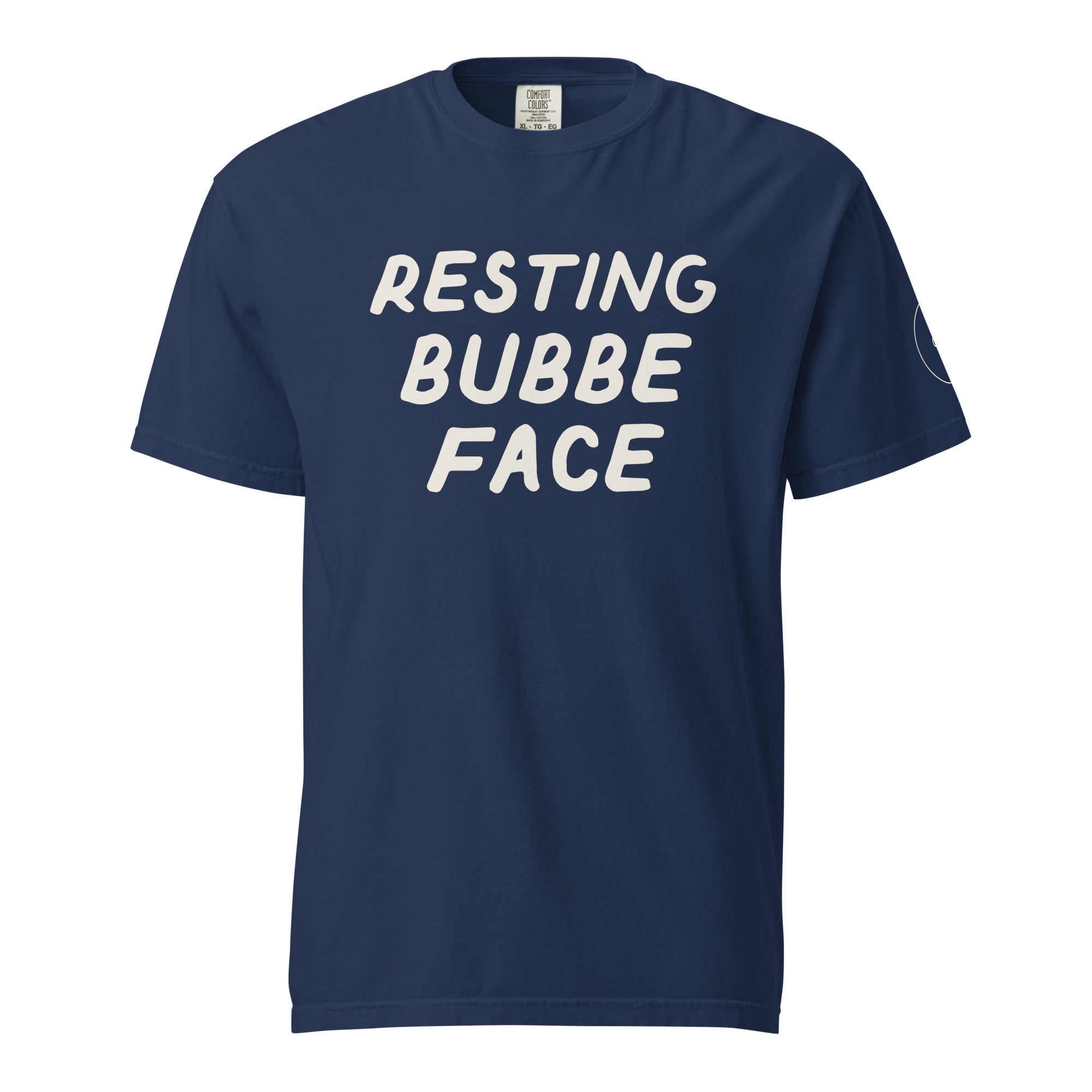 GTG Resting Bubbe Face tee in True Navy with mustard print, front view