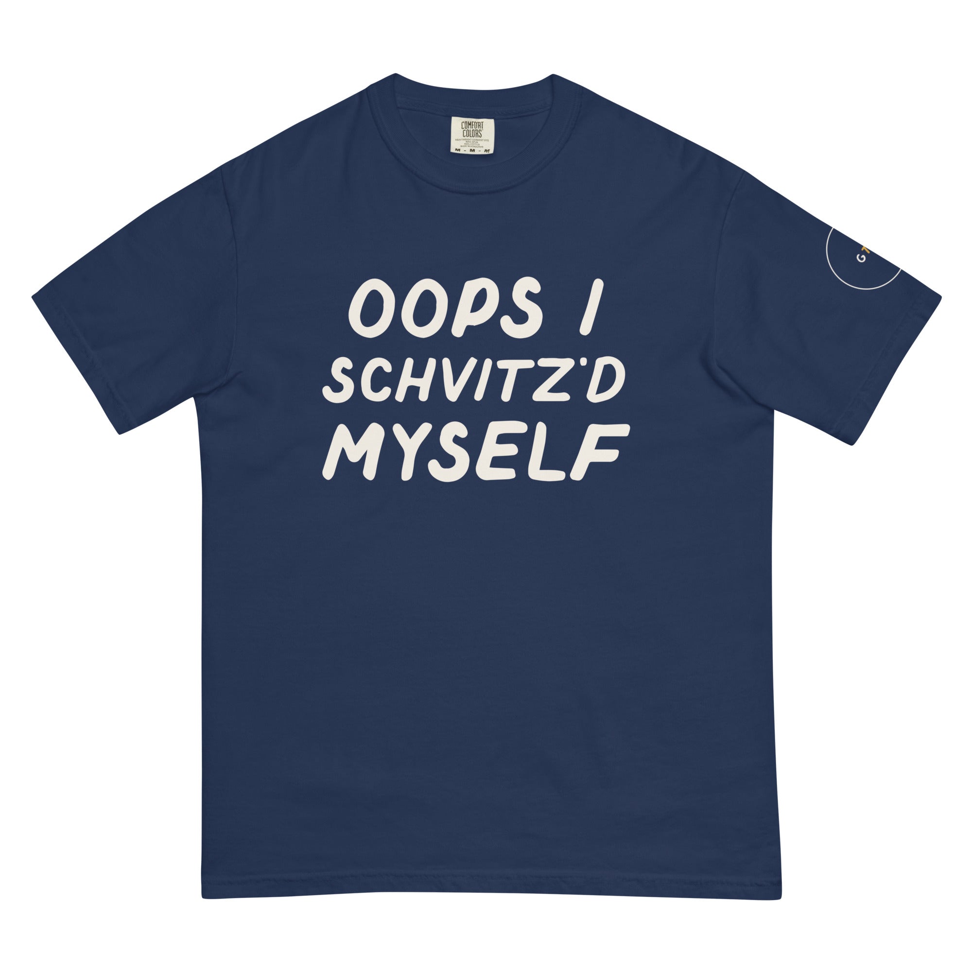 GTG Oops I Schvitz'd Myself tee in True Navy with mustard print, front view