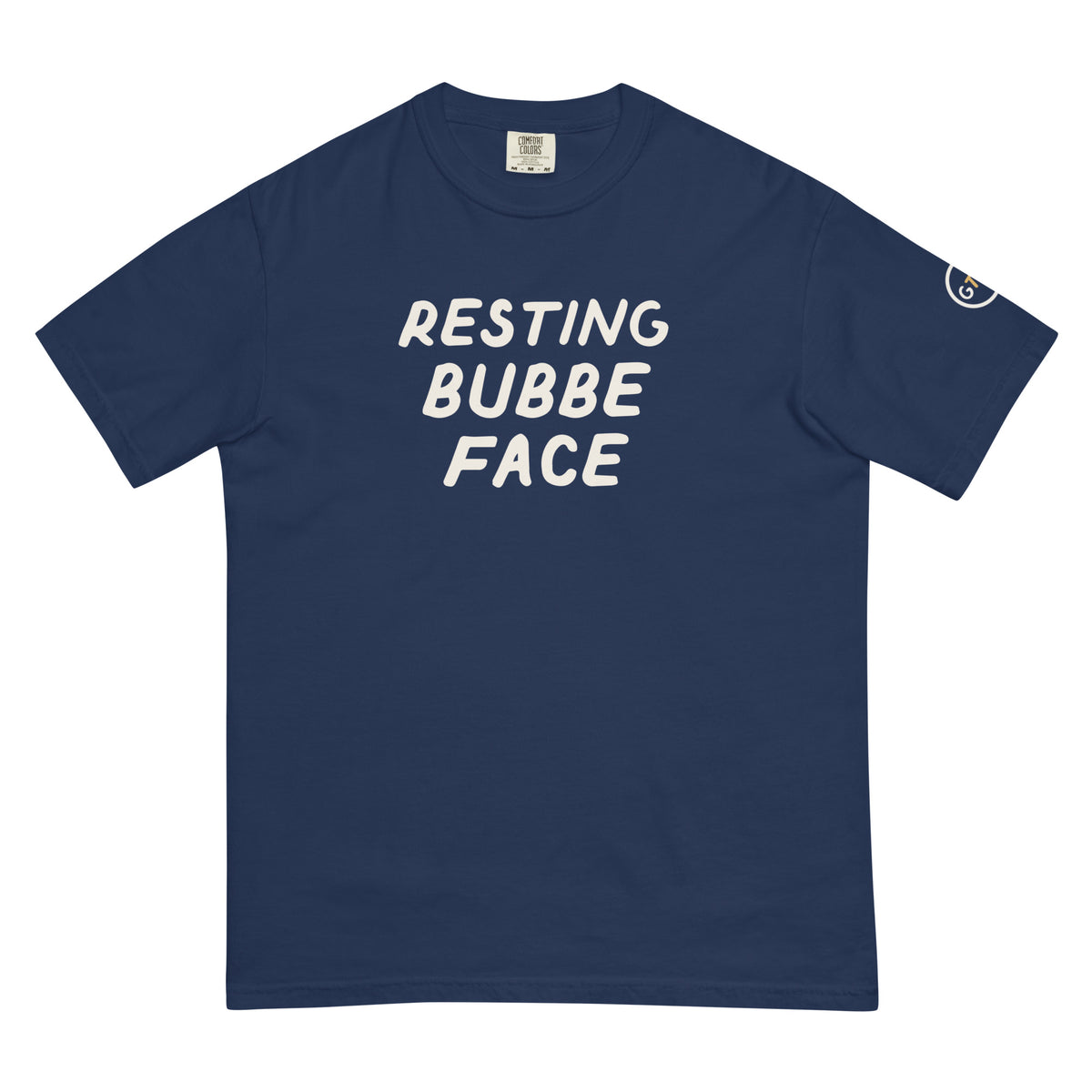 Good Thank God Resting Bubbe Face T-shirt in True Navy, front view