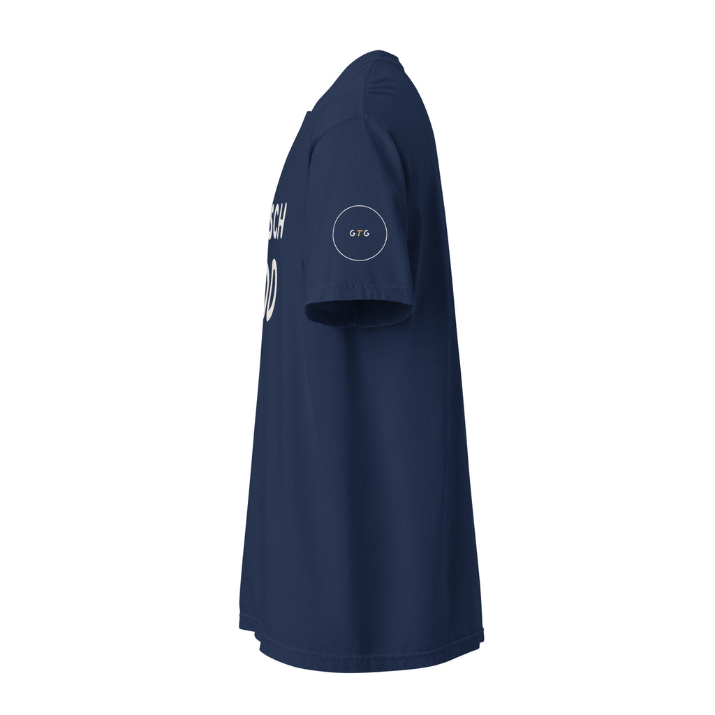 GTG Mensch Bod tee in True Navy with mustard print, detail view 2