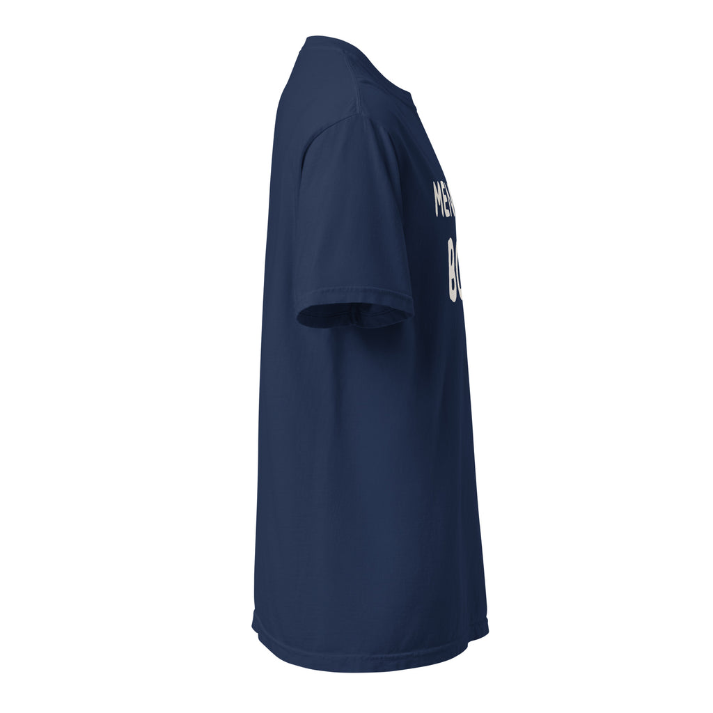 GTG Mensch Bod tee in True Navy with mustard print, back view