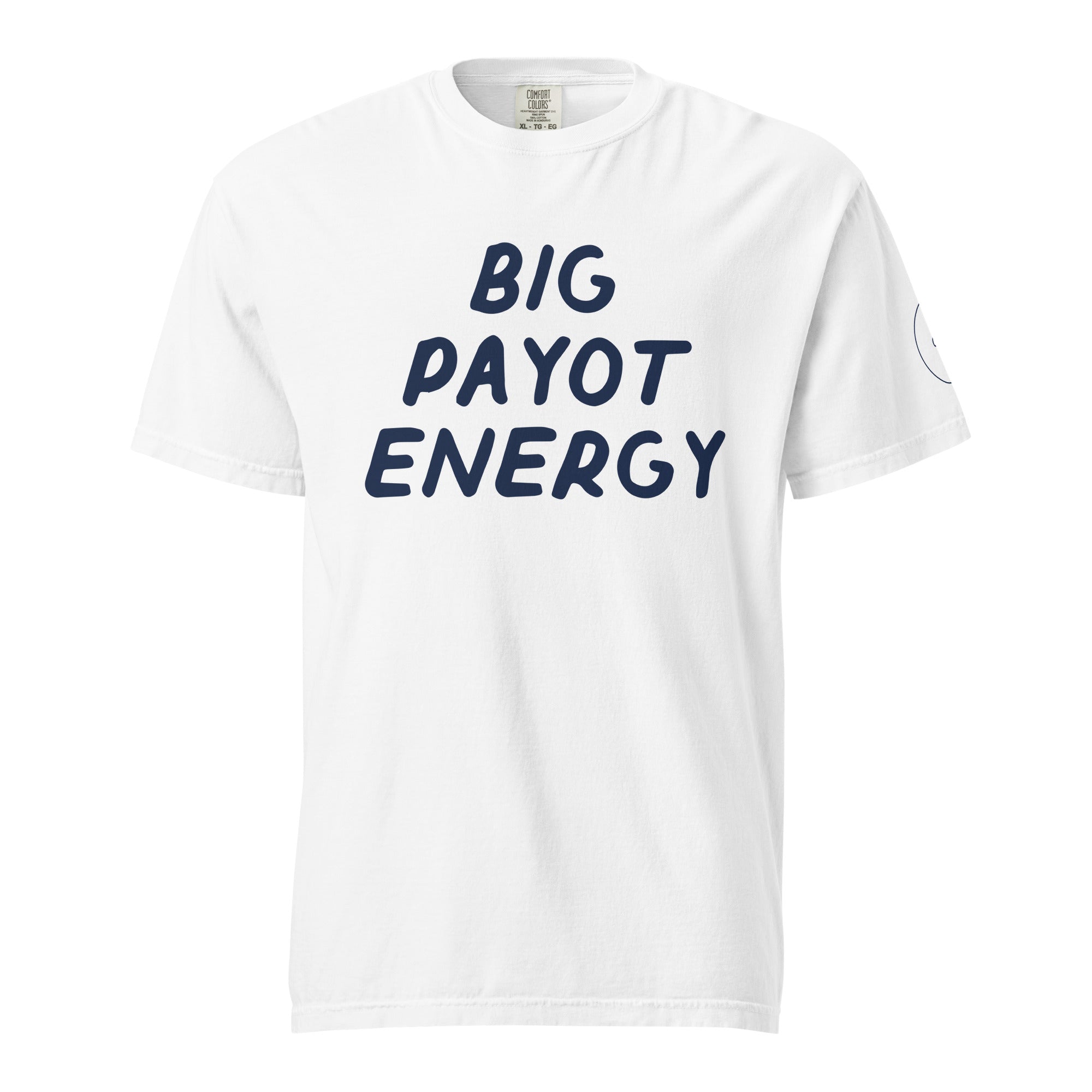 GTG Big Payot Energy tee in White with navy print, front view