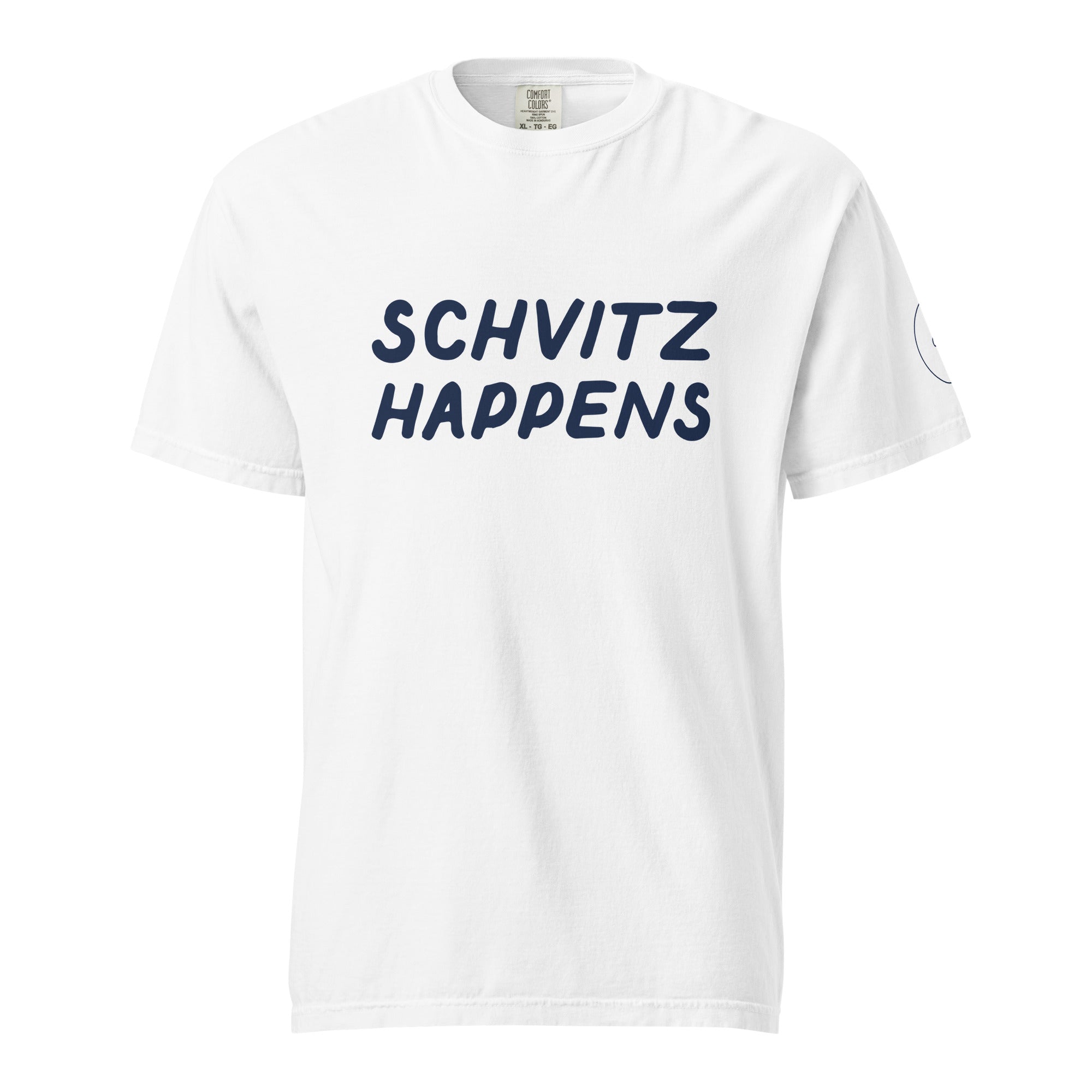 GTG Schvitz Happens tee in White with navy print, front view
