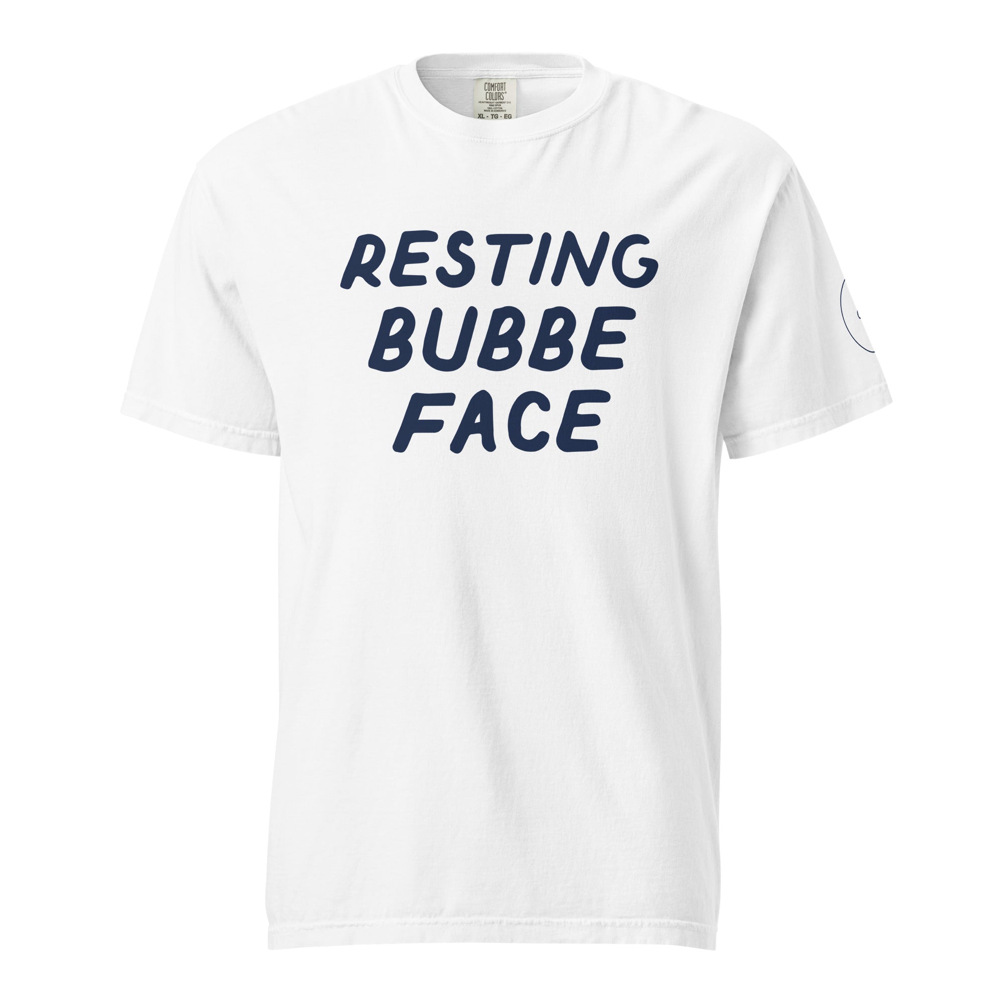 GTG Resting Bubbe Face tee with screen print, front view