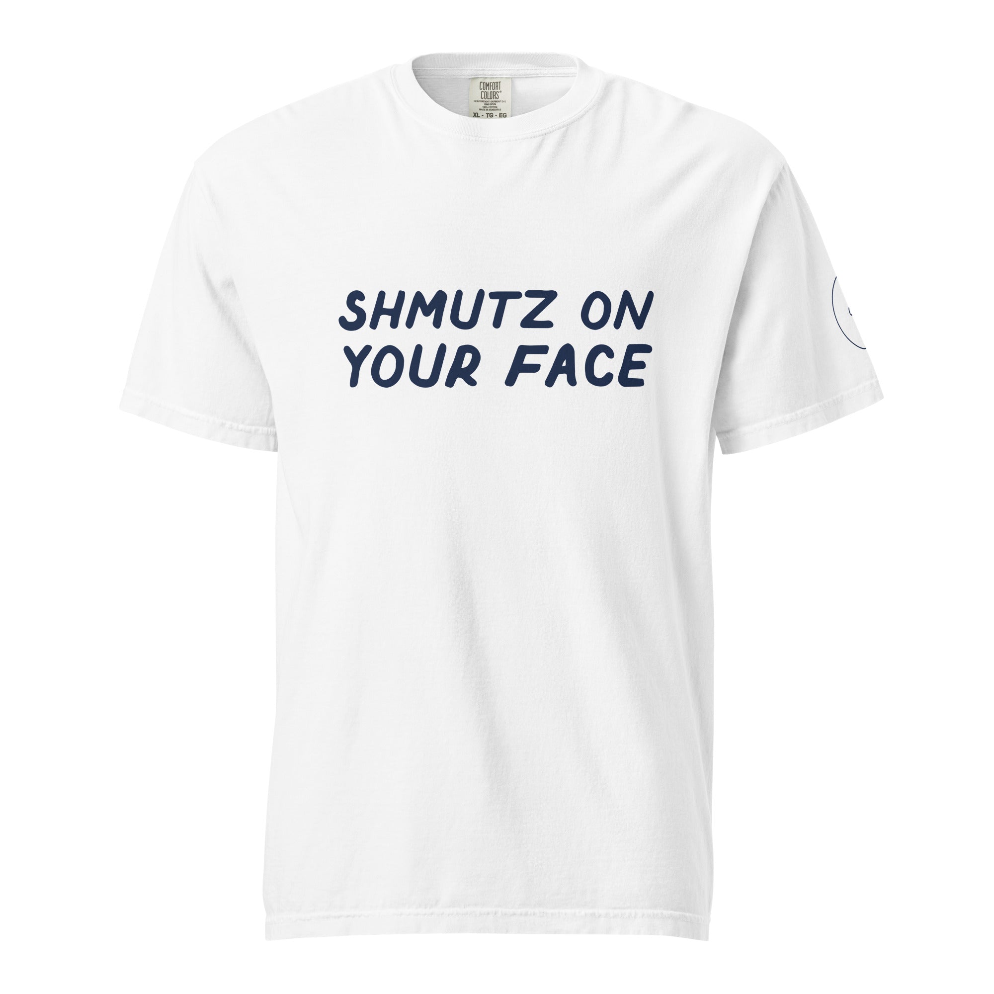 GTG Shmutz on Your Face tee in White with navy print, front view