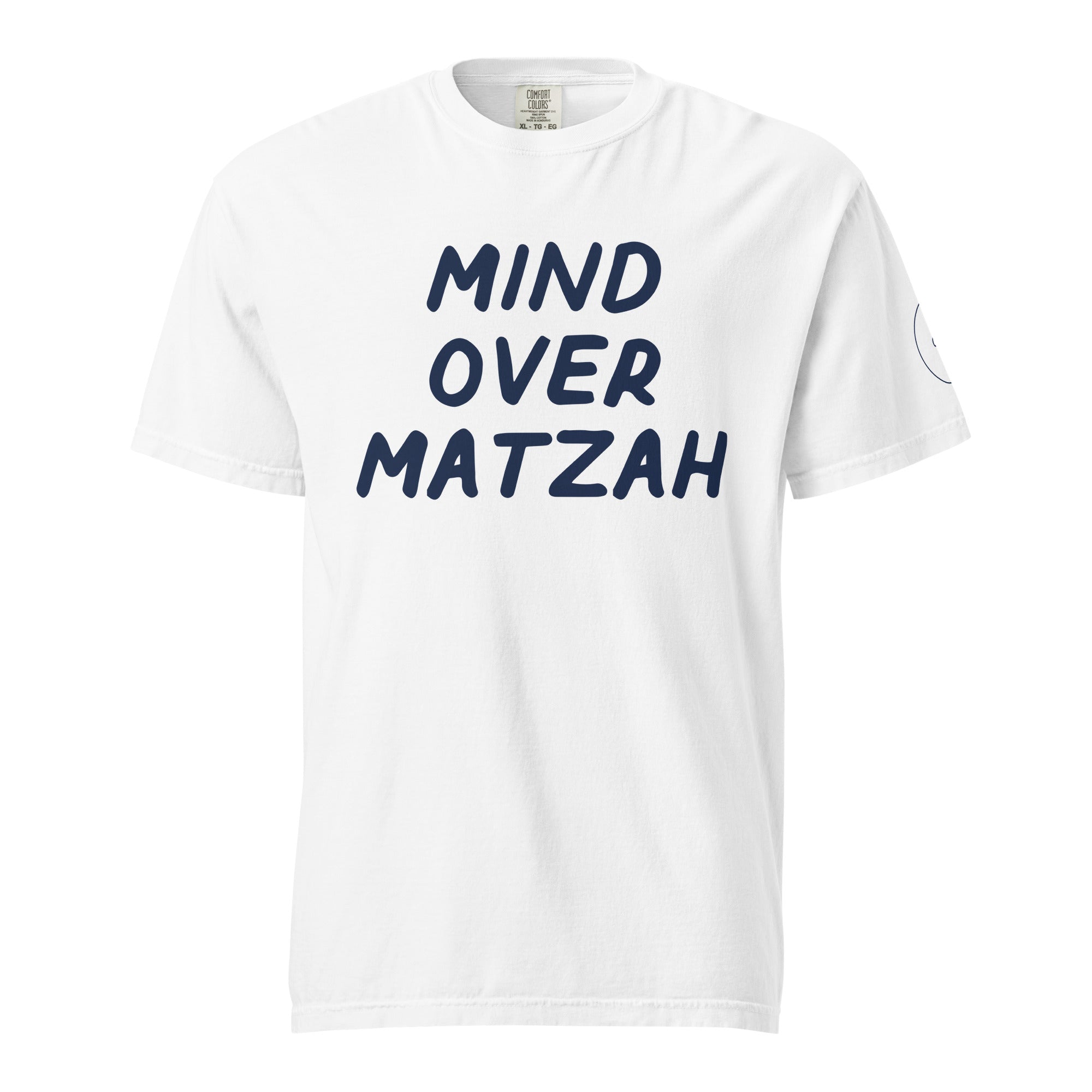 GTG Mind Over Matzah tee with screen print, front view