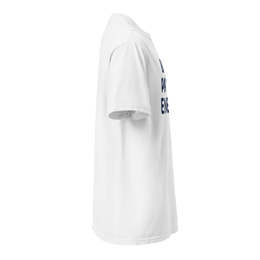 GTG Big Payot Energy tee in White with navy print, back view