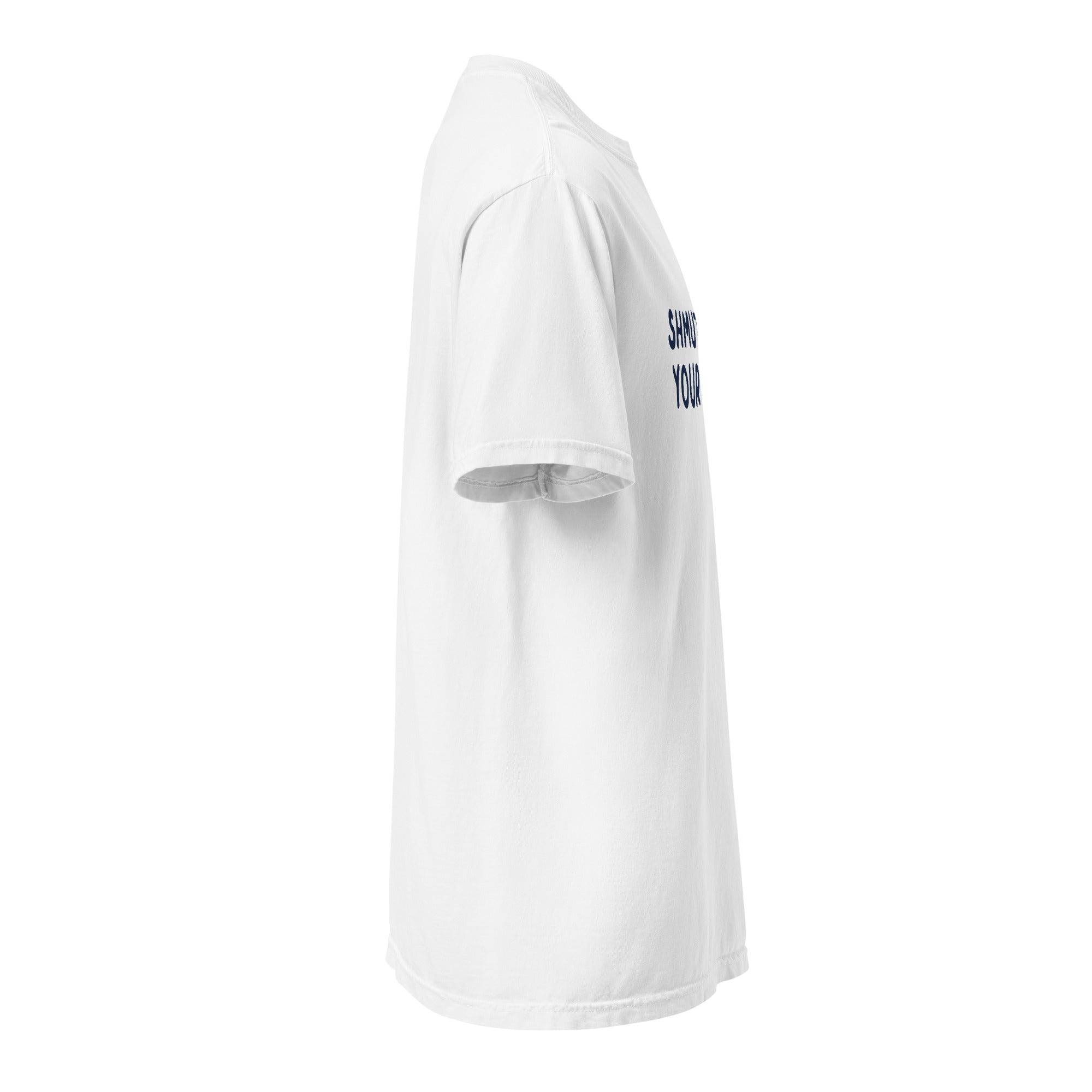 GTG Shmutz on Your Face tee in White with navy print, back view