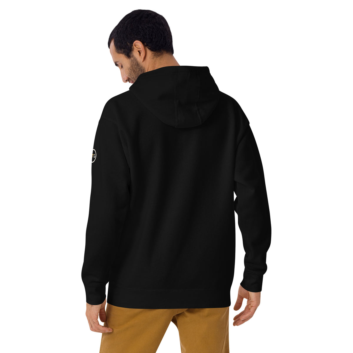 Model wearing the Good Thank God Bubbe's Boy hoodie in Black, back view