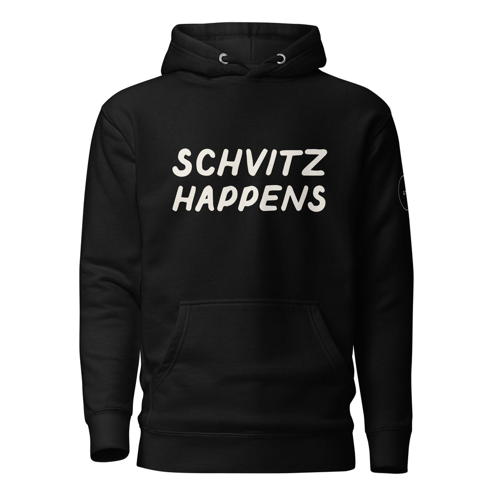 GTG Schvitz Happens hoodie in Black with cream print, front view