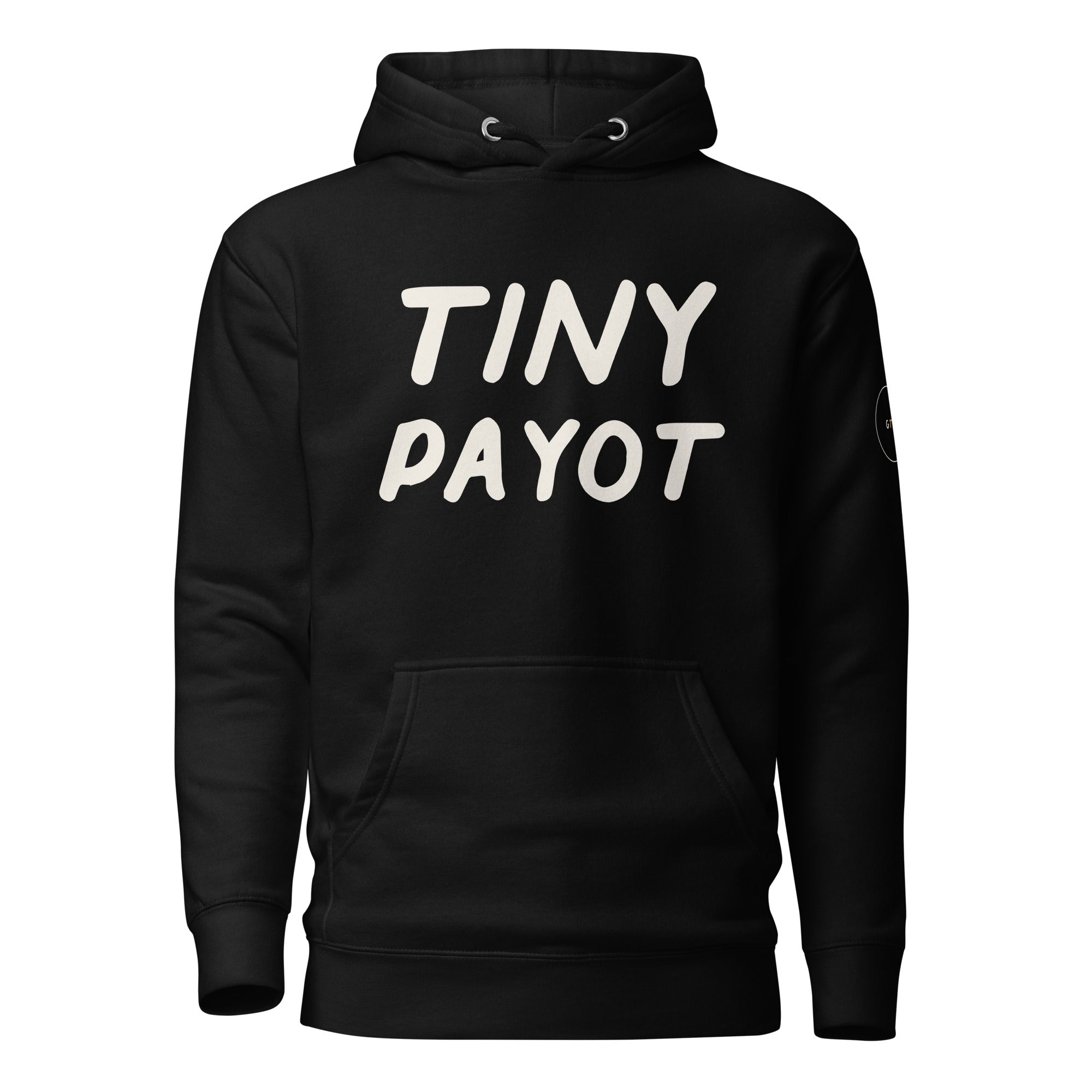 GTG Tiny Payot hoodie in Black with cream print, front view