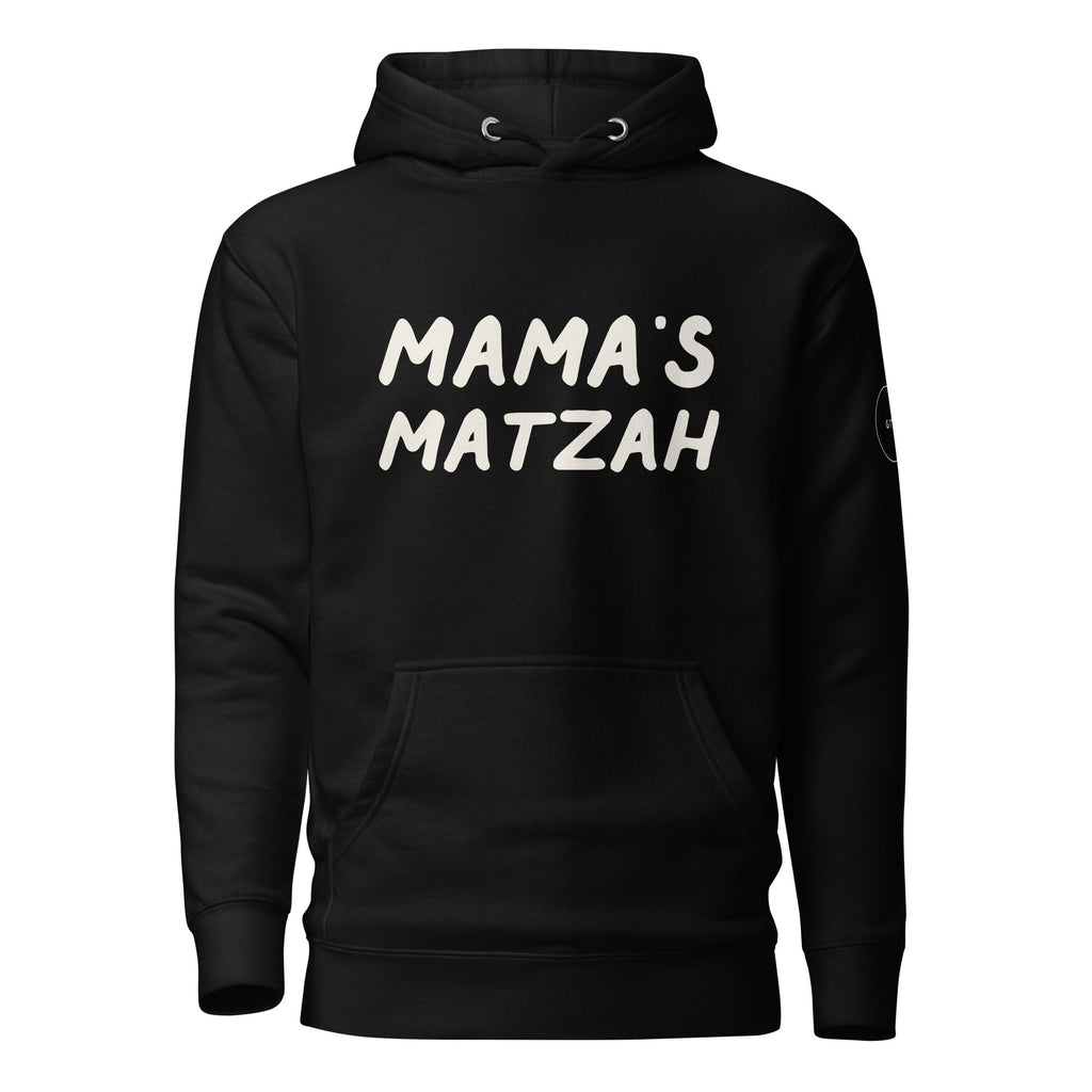GTG Mama's Matzah hoodie in Black with cream print, front view