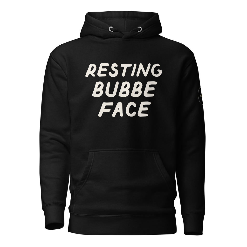 GTG Resting Bubbe Face hoodie in Black with cream print, front view