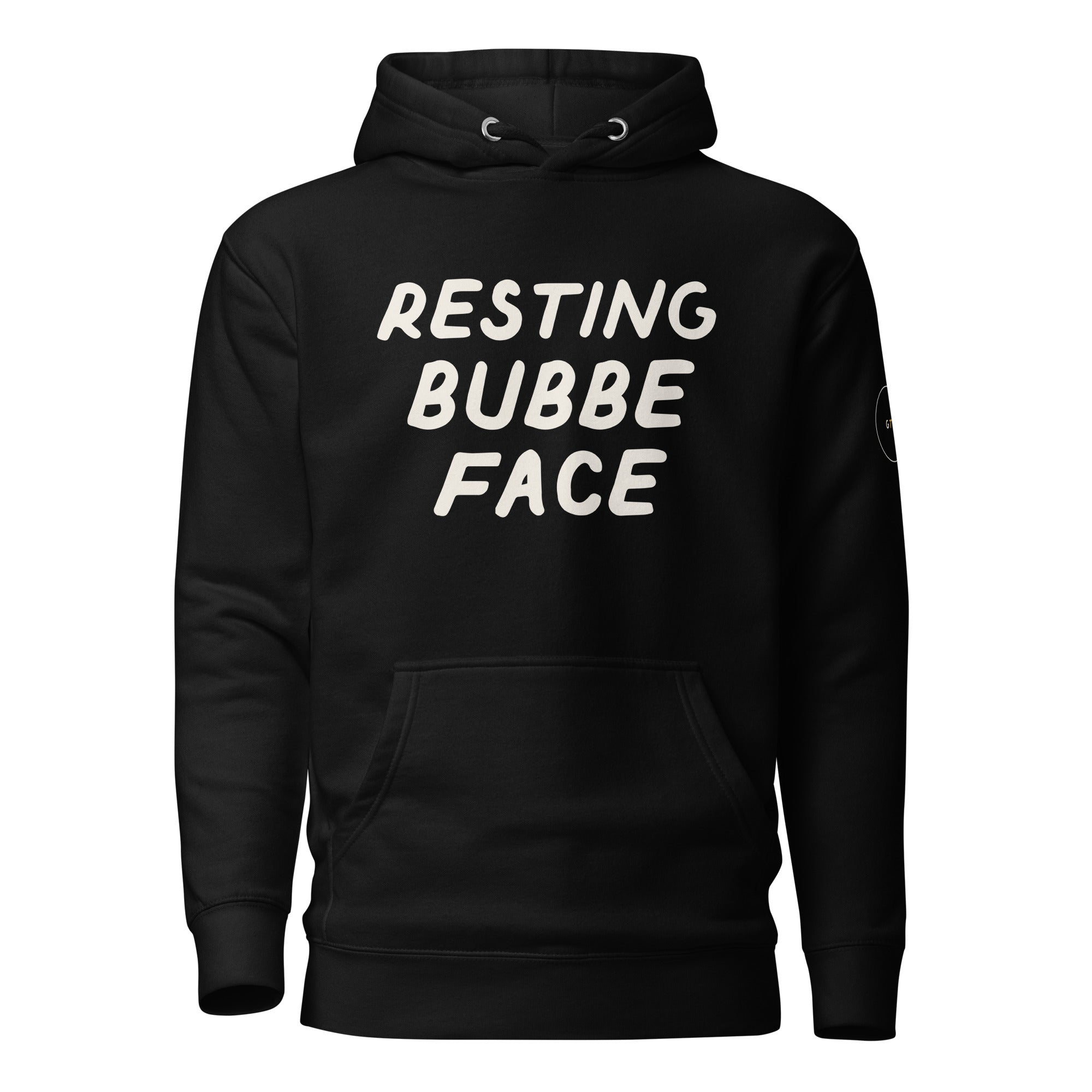 GTG Resting Bubbe Face hoodie in Black with cream print, front view