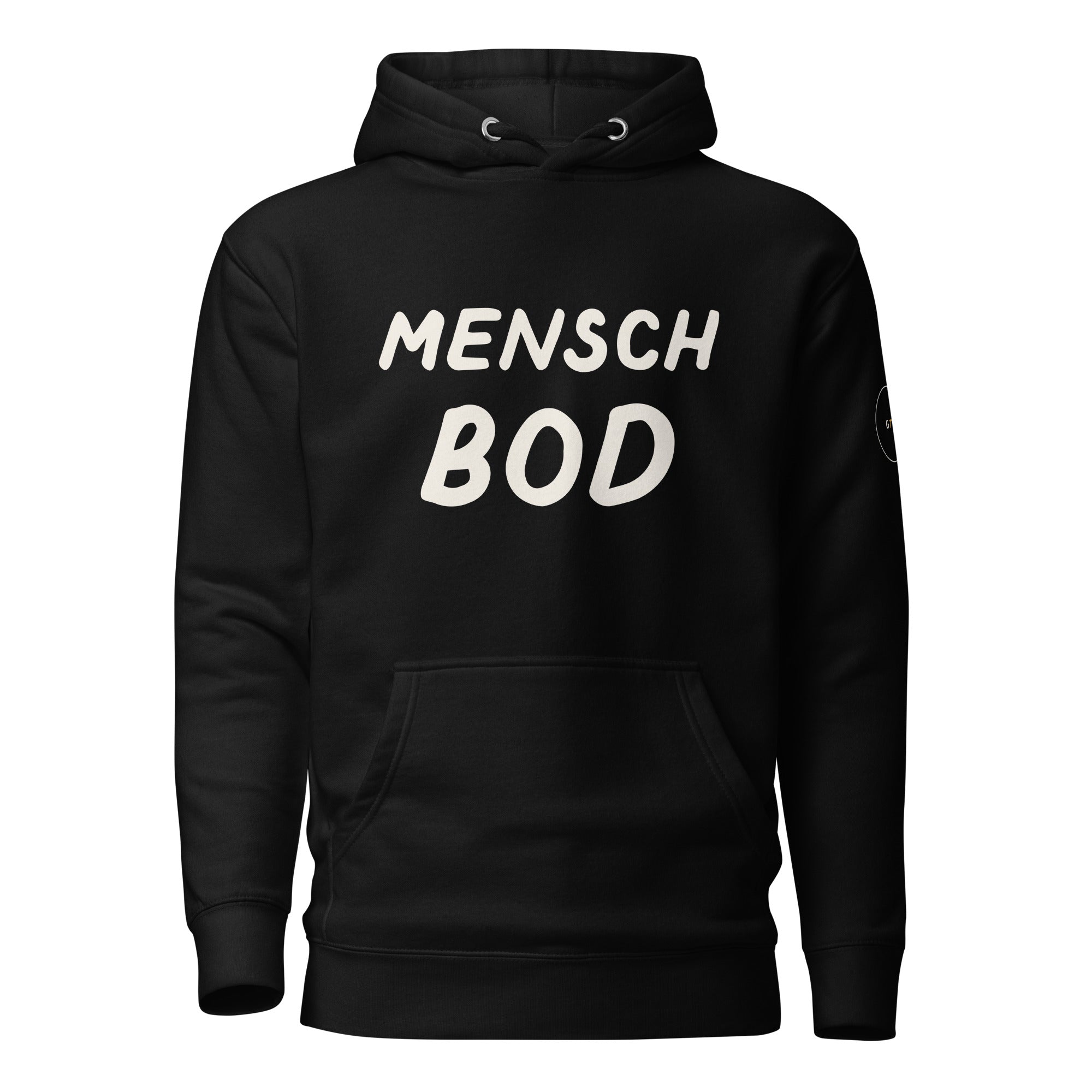 GTG Mensch Bod hoodie with screen print, front view