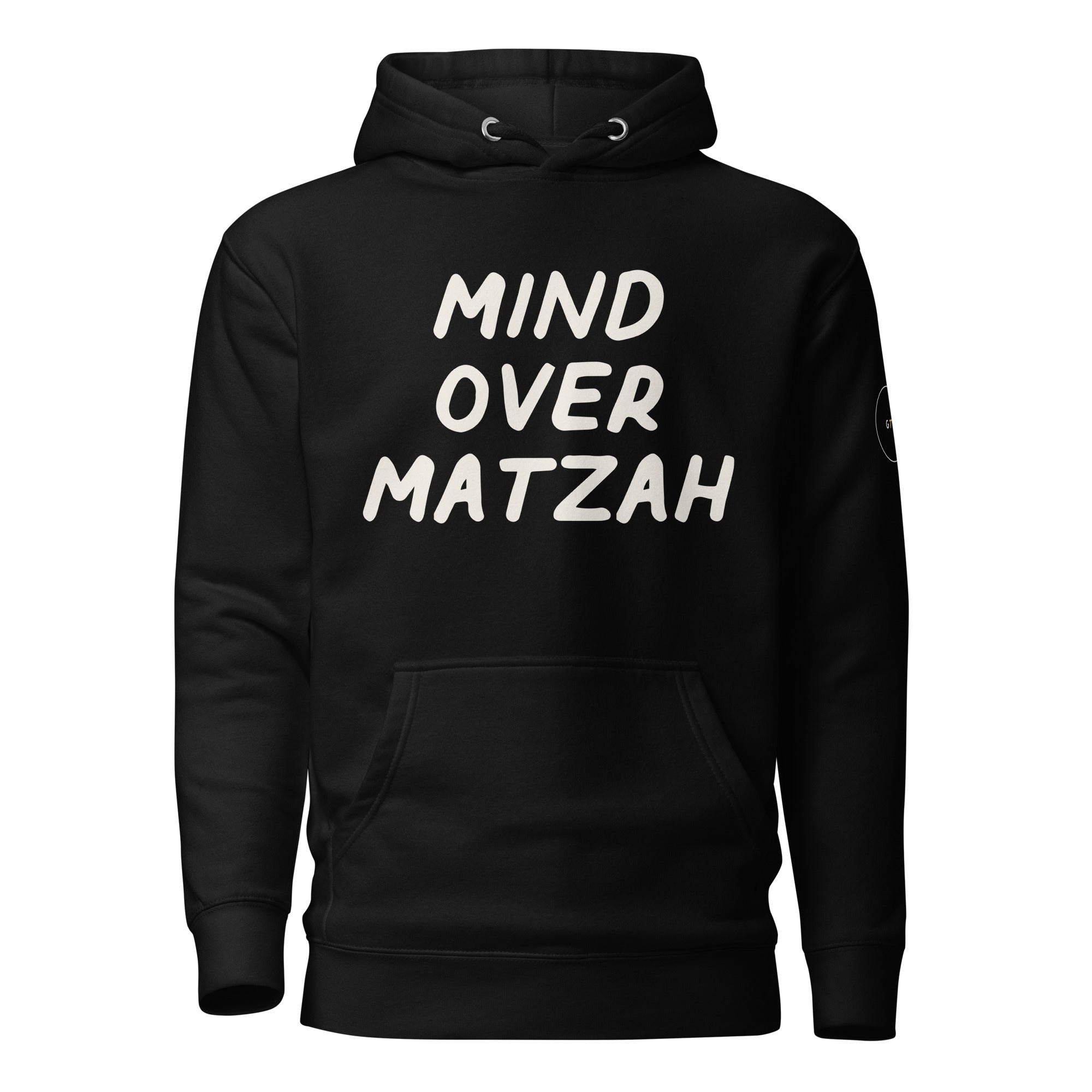 GTG Mind Over Matzah hoodie with screen print, front view