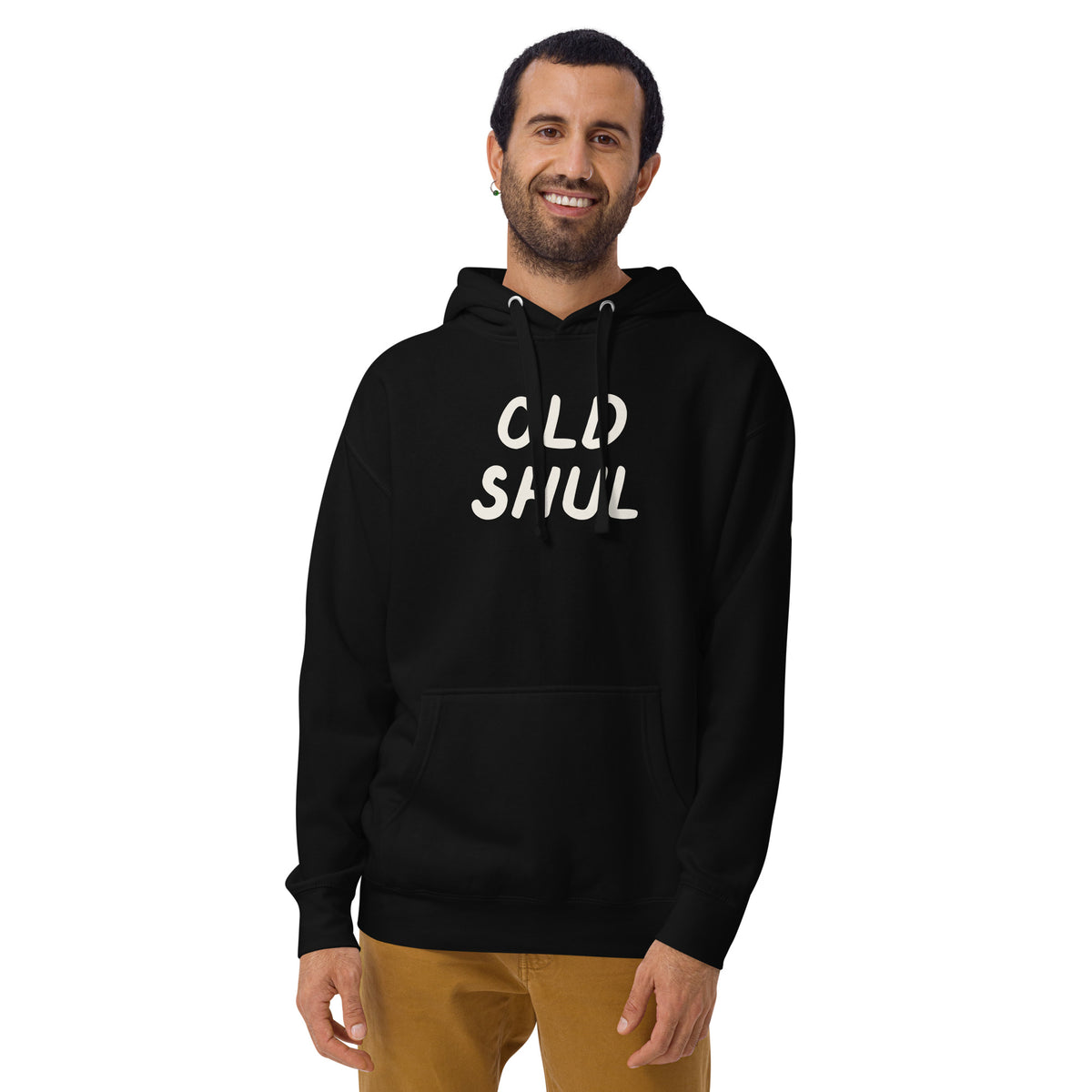Model wearing the Good Thank God Old Shul hoodie in Black, front view
