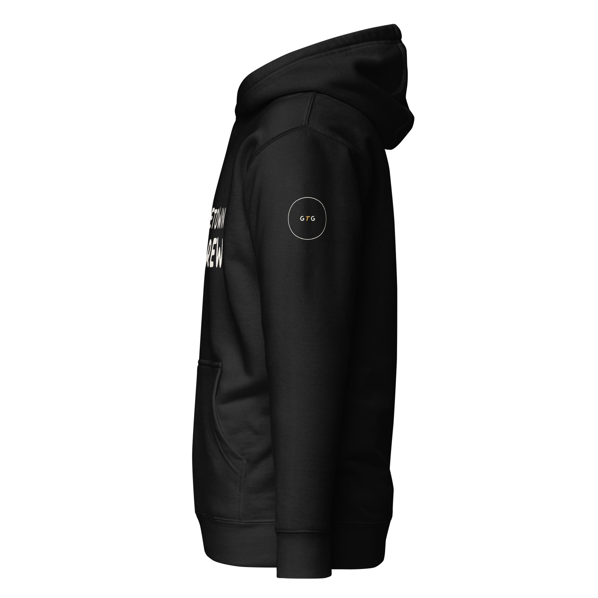 GTG Hometown Hebrew hoodie in Black with cream print, detail view 2