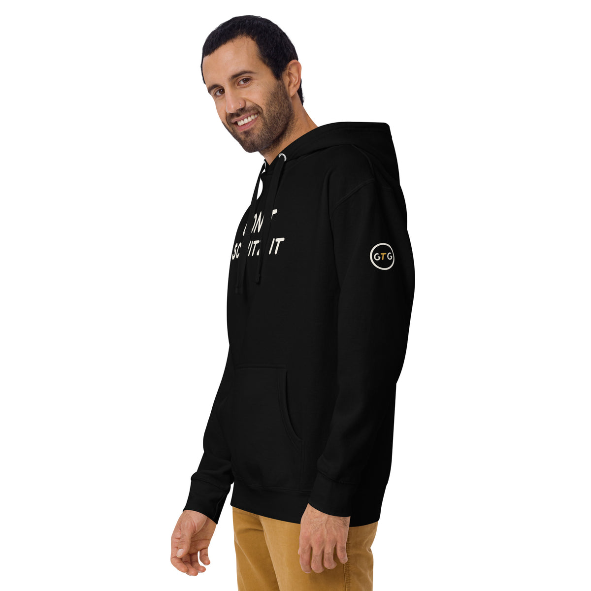 Model wearing the Good Thank God Don't Schvitz It hoodie in Black, left front view showing the GTG sleeve badge