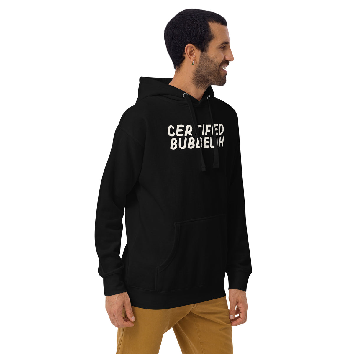 Model wearing the Good Thank God Certified Bubbelah hoodie in Black, right front view