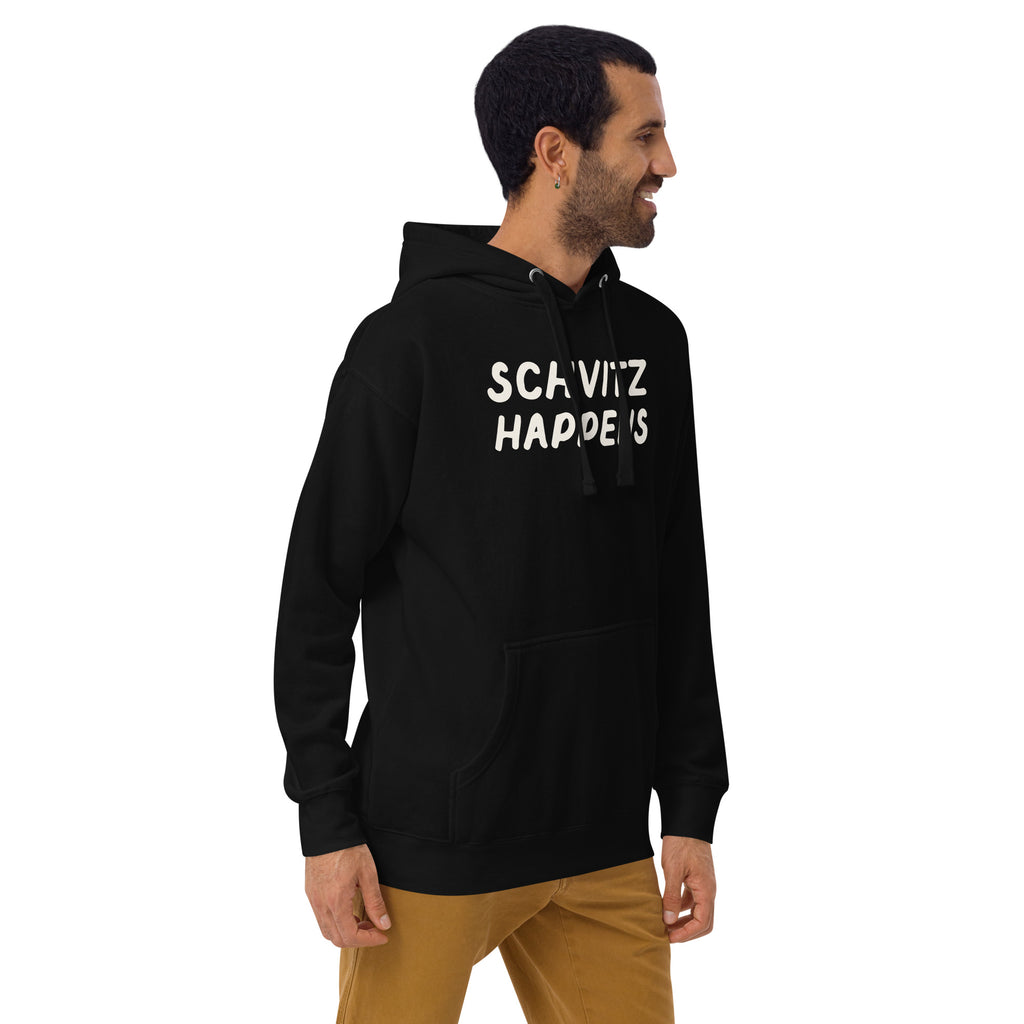Model wearing the Good Thank God Schvitz Happens hoodie in Black, right front view
