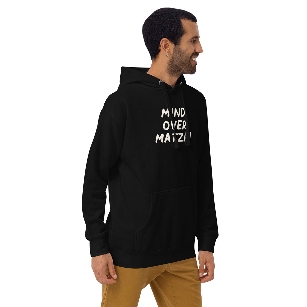 Model wearing the Good Thank God Mind Over Matzah hoodie in Black, right front view