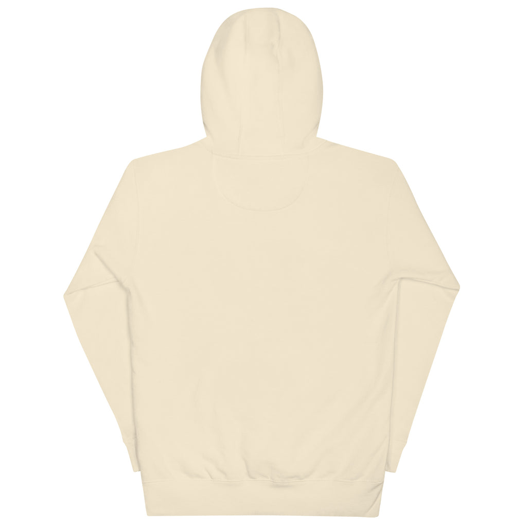 GTG Resting Bubbe Face hoodie in Bone with navy print, back view