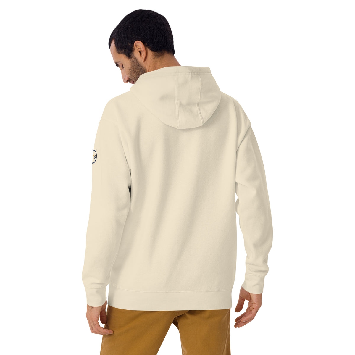 Model wearing the Good Thank God Certified Bubbelah hoodie in Bone, back view