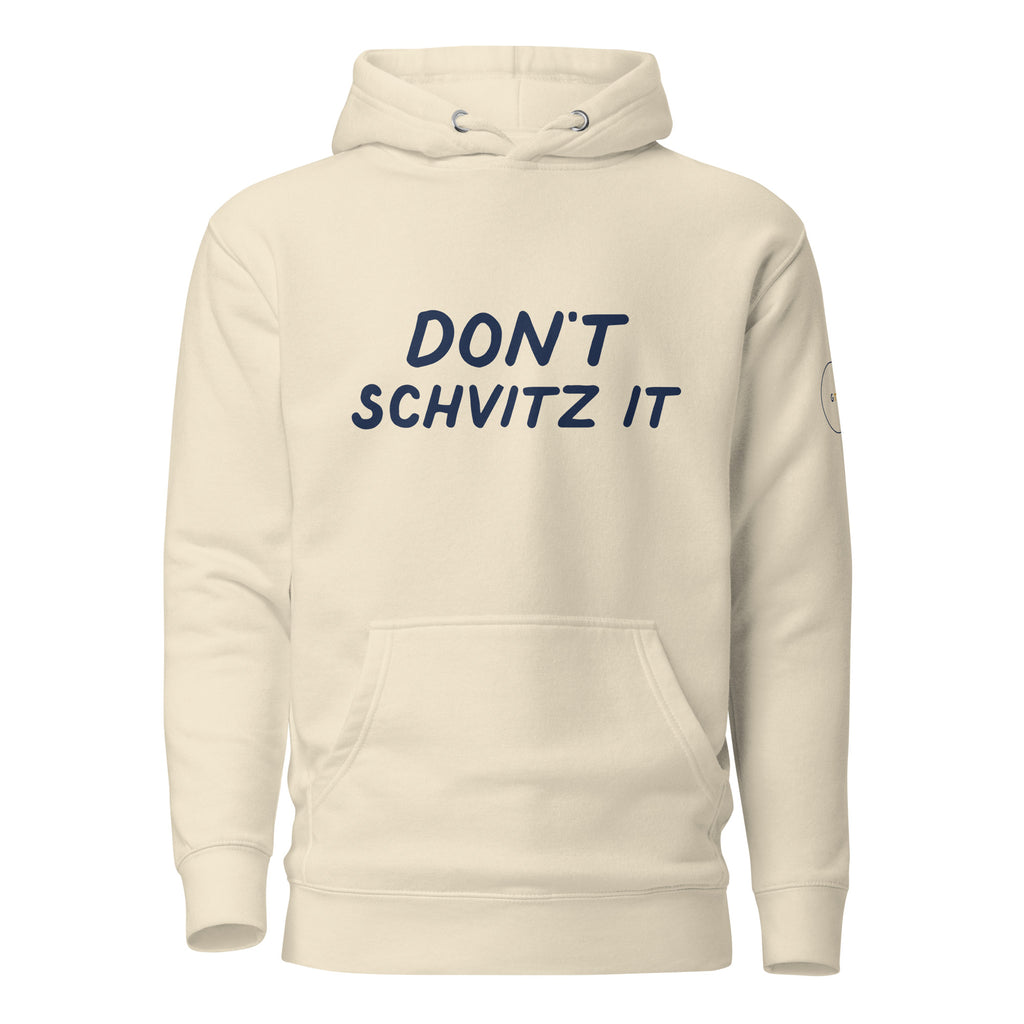 GTG Don't Schvitz It hoodie in Bone with navy print, front view