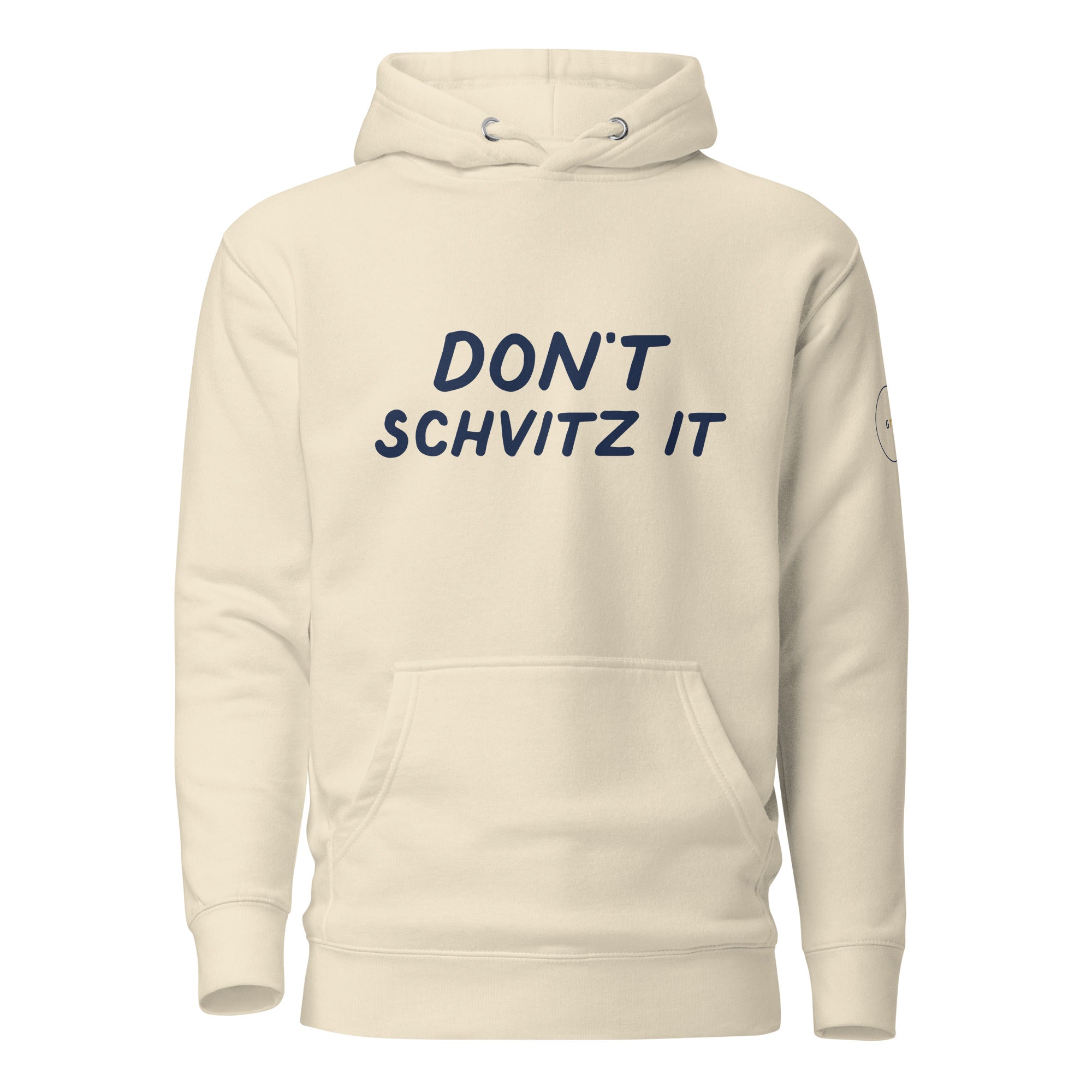 GTG Don't Schvitz It hoodie in Bone with navy print, front view