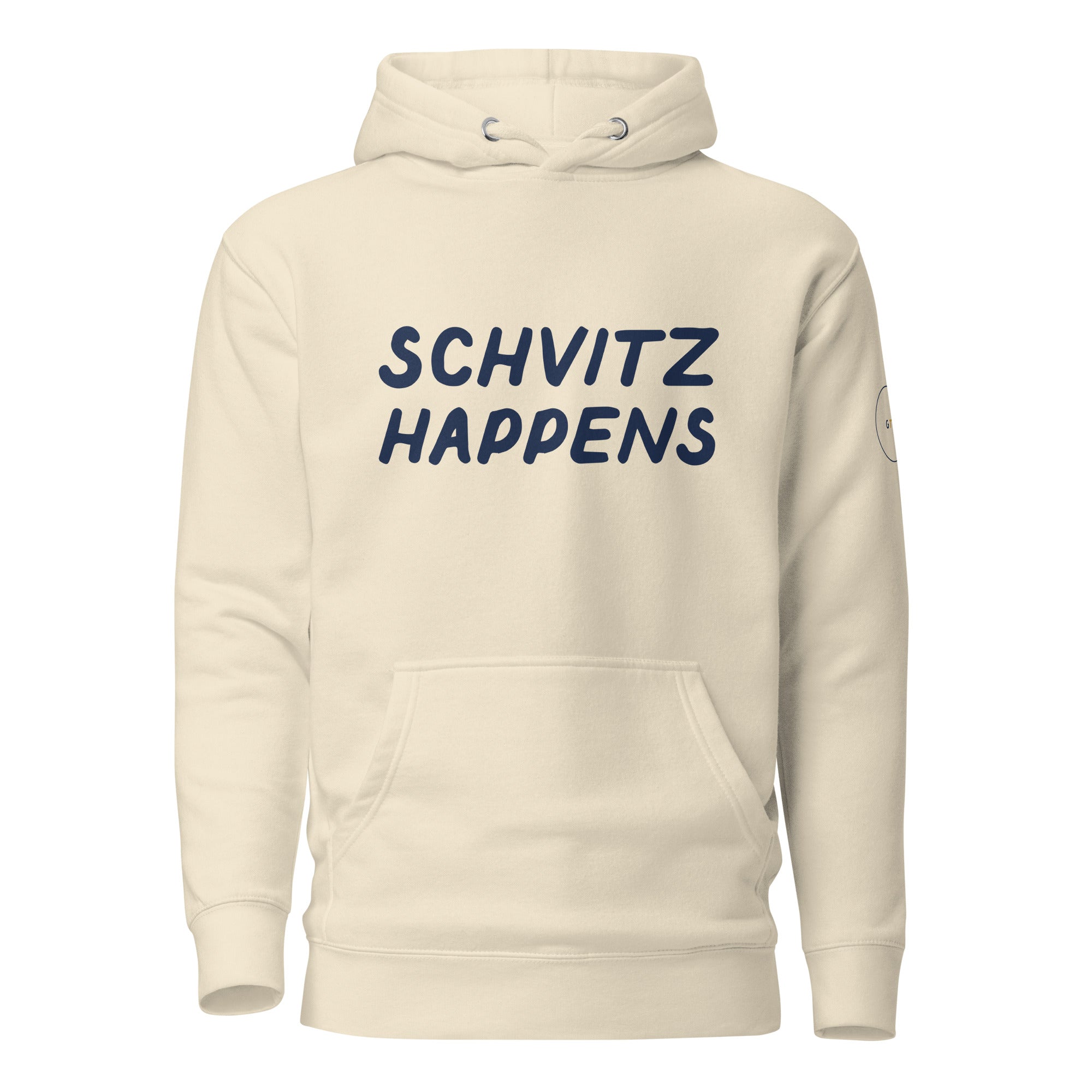 GTG Schvitz Happens hoodie in Bone with navy print, front view